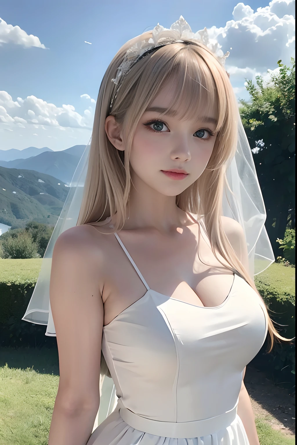A girl,,european countryside,blonde,bangs bangs,pretty face,wedding dress,thick muscular arms