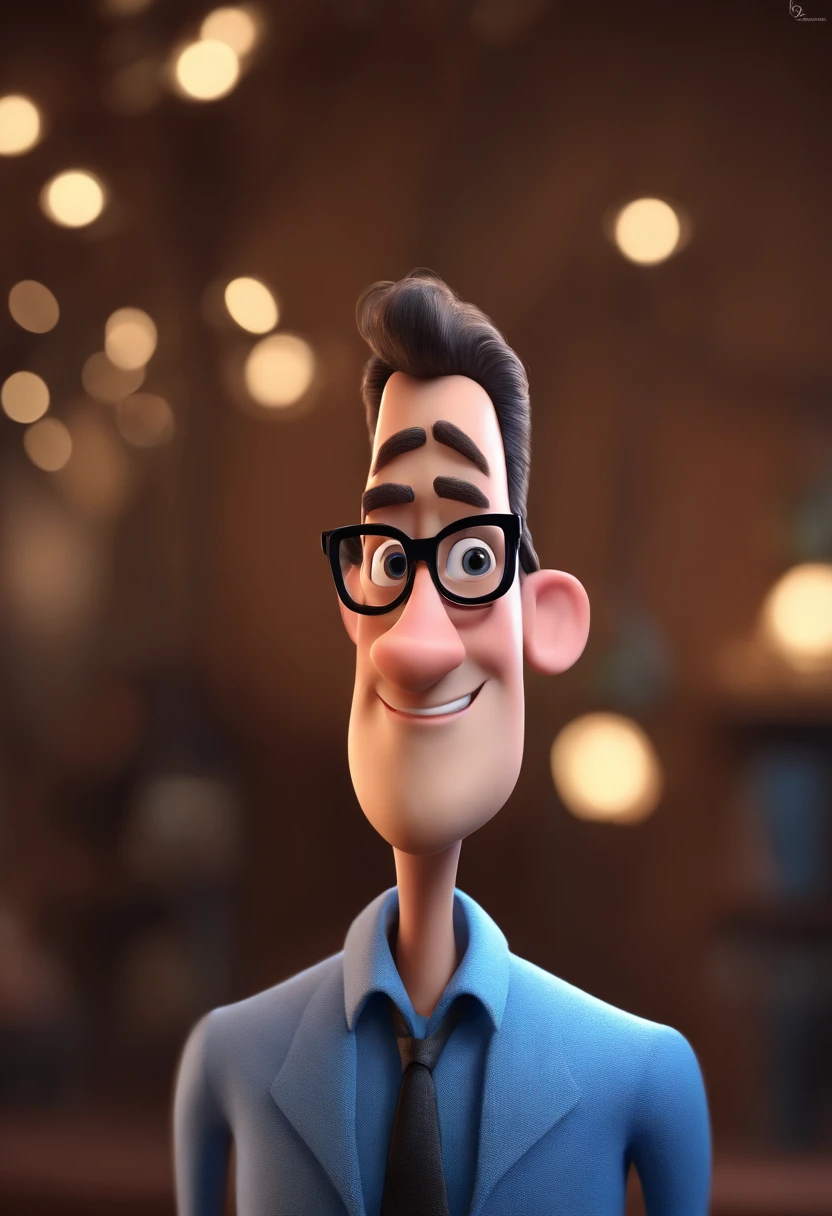 Cartoon character of a man with black glasses and a blue shirt, animation character, Caractere estilizado, animation style rendering, 3D estilizado, Arnold Maya render, 3 d render stylized, toon render keyshot, Personagem 3D, Personagem 3D, 3d rendering stylized, 3 d character render, personagem de desenho animado, Personagem de close up, Pose de personagem,  (Estilo Pixar) (master part:1.2) (Bokeh) (best quality) (pele detalhada) (textura detalhada) (8k) (argila) (Cinematic lighting) (foco nítido