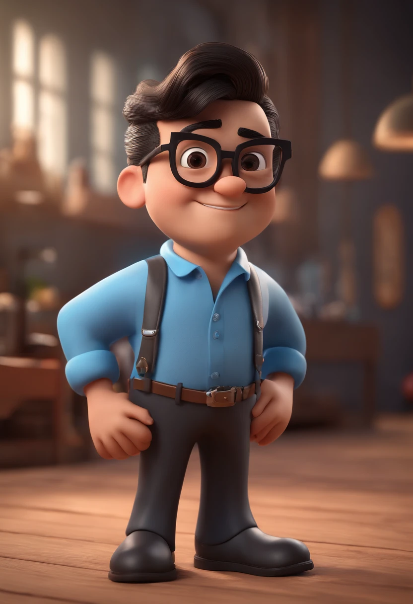 Cartoon character of a man with black glasses and a blue shirt, animation character, Caractere estilizado, animation style rendering, 3D estilizado, Arnold Maya render, 3 d render stylized, toon render keyshot, Personagem 3D, Personagem 3D, 3d rendering stylized, 3 d character render, personagem de desenho animado, Personagem de close up, Pose de personagem,  (Estilo Pixar) (master part:1.2) (Bokeh) (best quality) (pele detalhada) (textura detalhada) (8k) (argila) (Cinematic lighting) (foco nítido