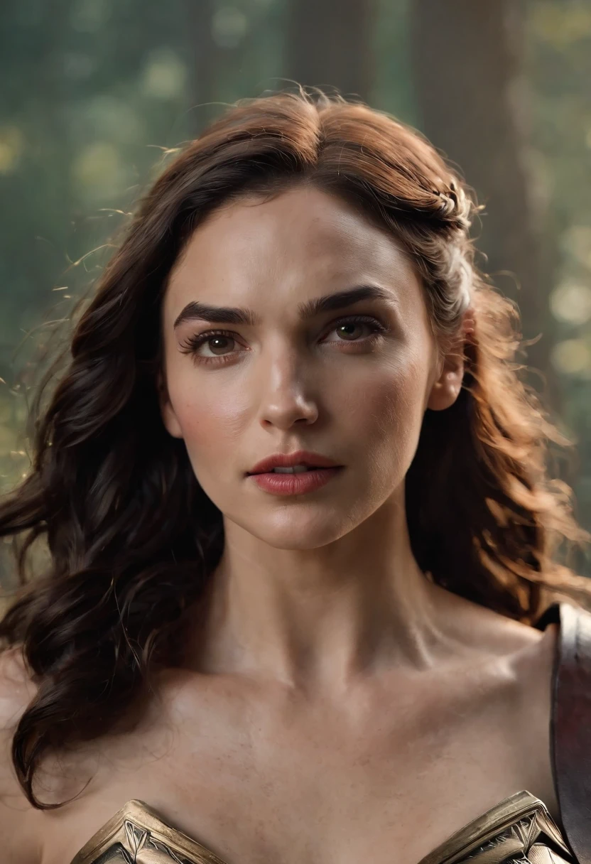 Wonder Woman gal gadot, a muscular and beautiful Greek female with wavy long brunette hair, more volume in hair wearing a little torn outfit, dynamic pose, heroic pose, hyperdetailed hazel eyes, smirking with amusement, hyperdetailed face, gritty, focus on intricate detail and realism, sharp focus, perfect, model, masterpiece, cinematic warm lighting, rough, textured, battles against kratos from god of war