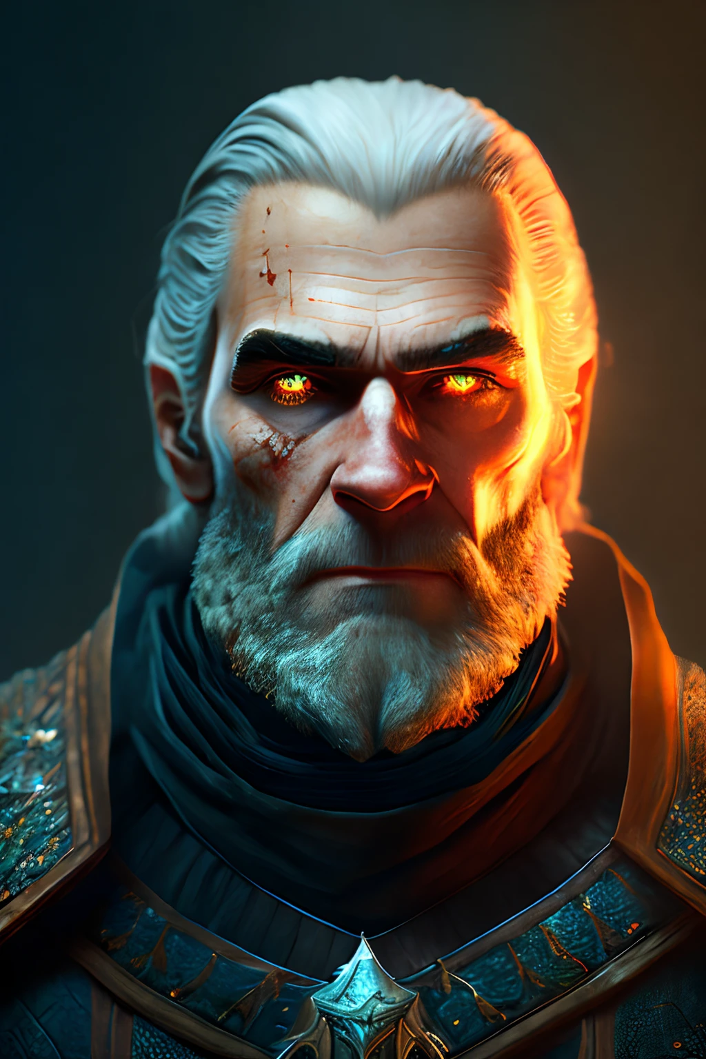 Geralt de rivia, cinematic, detalhes finos, 8k, (foto escura: 0,7), Subsurface dispersion, (ambient lighting: 1,3), (ArtStation: 1,3)
