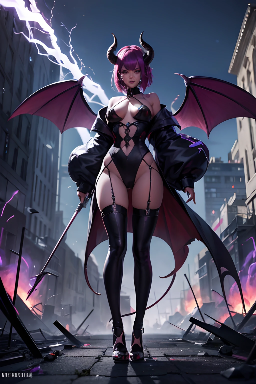 Rihanna hyper-giant, Hyper-powerful demon with two demon horns on his head and demon wings, Purple lightning fire on a building and shatters buildings , ville en ruine post apocalyptique,