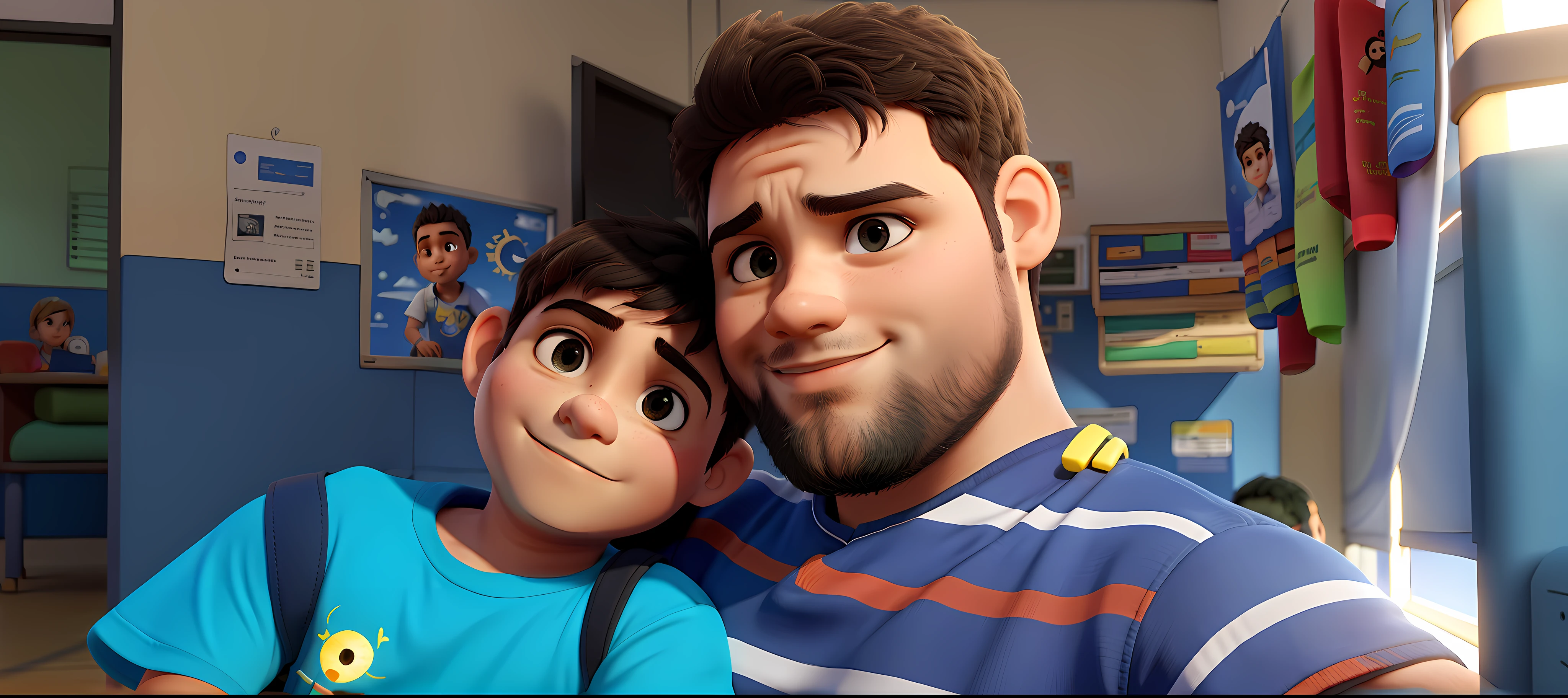 Pai e filho, iluminados pelo sol ao amanhecer, em frente a sala de aula.