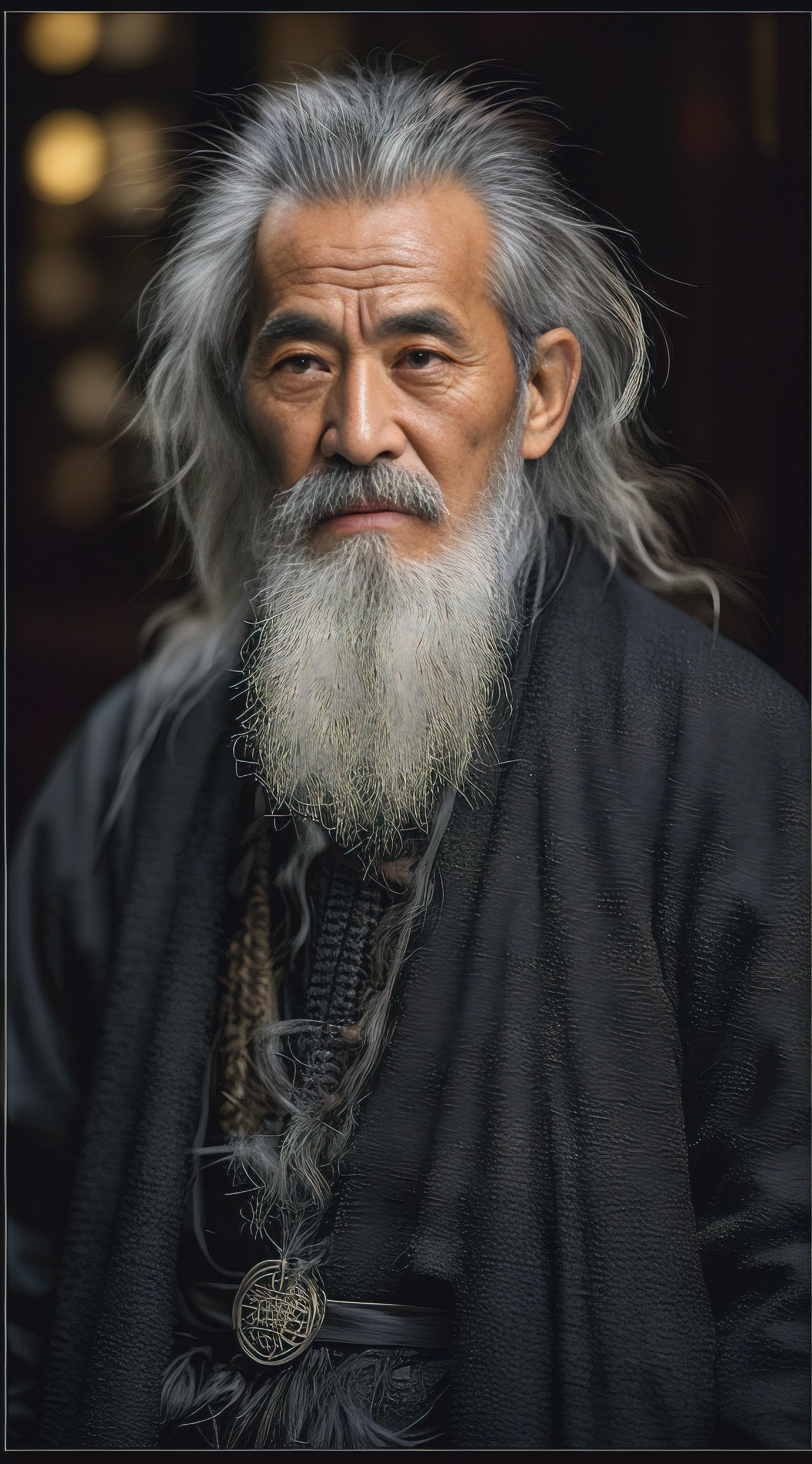 Close-up of a man with a long beard and a black jacket, inspired by Wu Daozi, Taoist, Taoist master, long grey beard, portrait of monk, An old man, Inspired by Hu Zaobin, Wise old man, author：Li Meishu, ryohji hase, very long white beard and hair, chinese artist