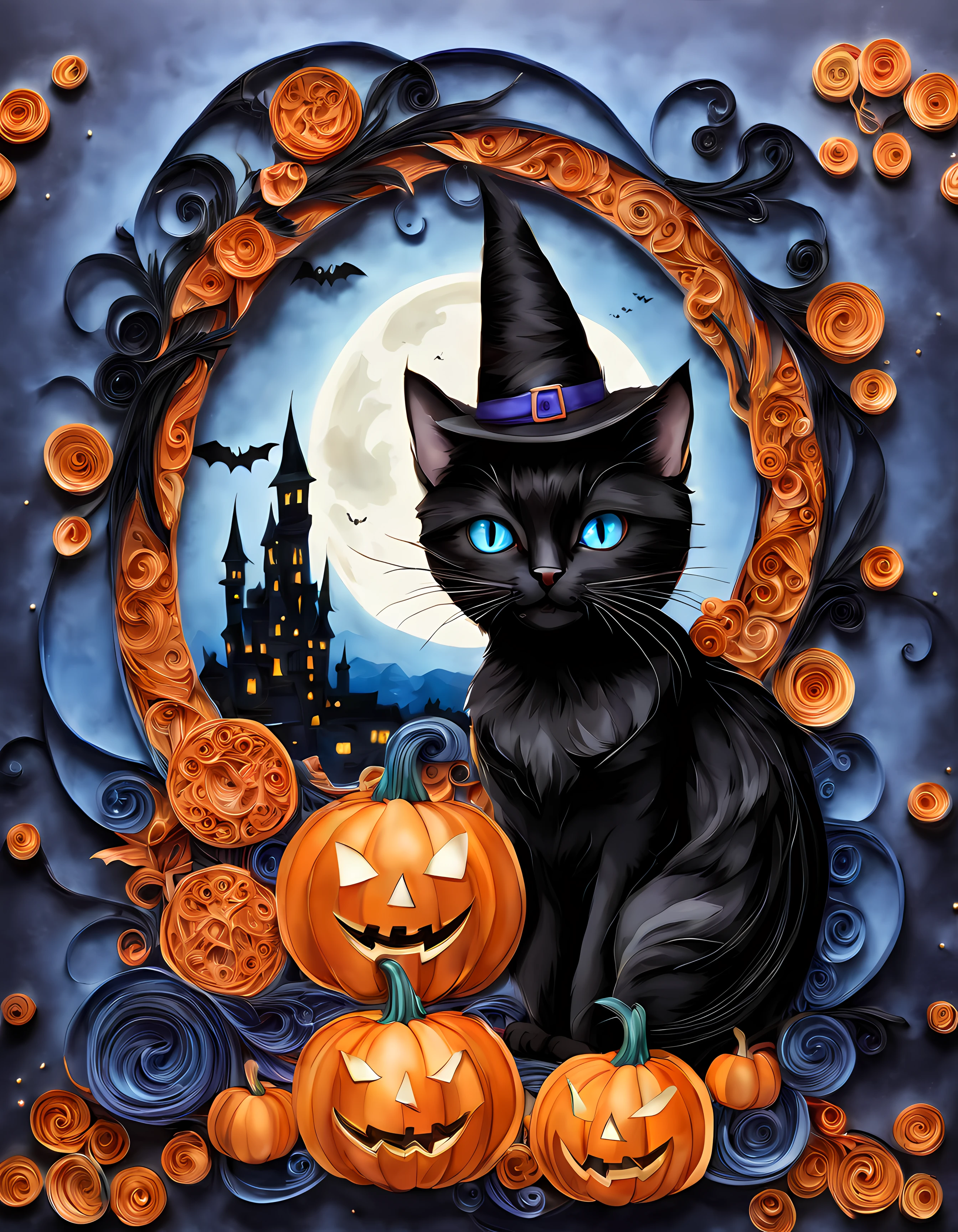 yanzhi,paper quilling, ((view through elegant round gothic frame with a Halloween touch)), (solo:1.3) (((cute Halloween black cat))) ((vivid eyes)) (((wearing a long hat))) (((looking at the viewer))), ((mystical blue flows)), ((gothic tall towers)), (bats), breathtaking ((starry)) moonlit night, autumn vibes, (pumpkins on the sides of the scene)