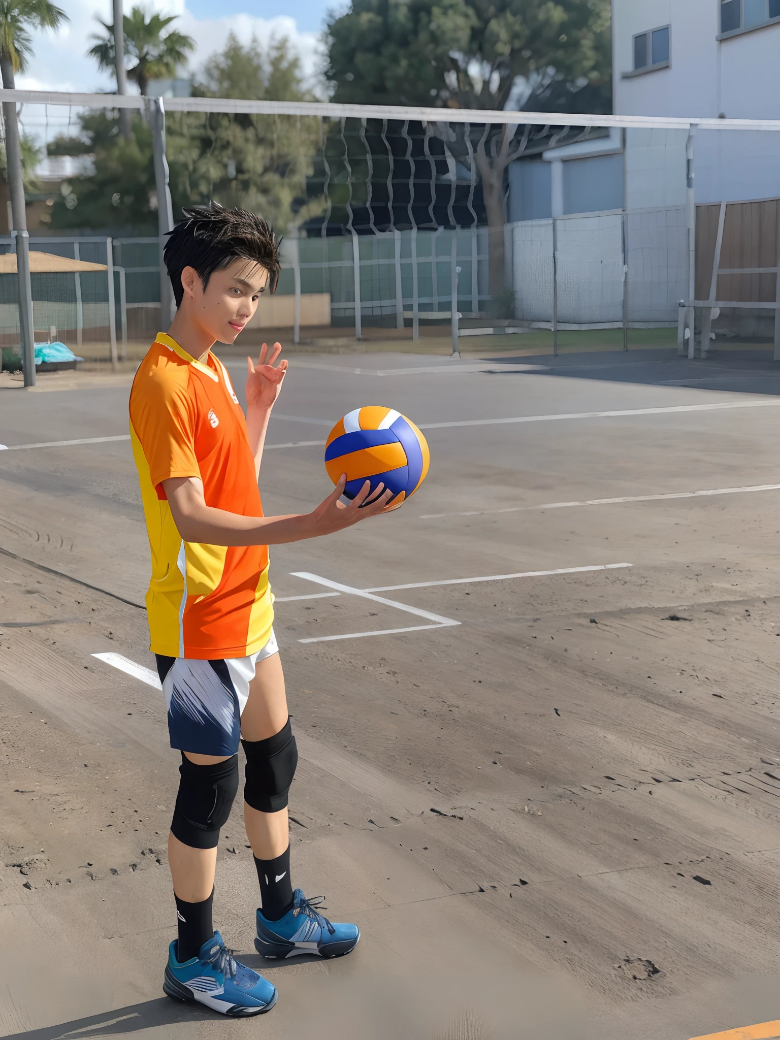 Yuu Nishinoya ,solo,1boy, masterpiece, best quality, ((1man)). ((aged up)), haikyuu!! nishinoya_yuu highres ,ball black_hair (blonde_hair) brown_eyes clothes_writing, feathers footprints karasuno_volleyball_uniform male_focus multicolored_hair orange_shirt parted_lips playing_sports shirt short_hair solo (streaked_hair) sweat two-tone_hair upper_body volleyball (volleyball_uniform) (volleyball court)