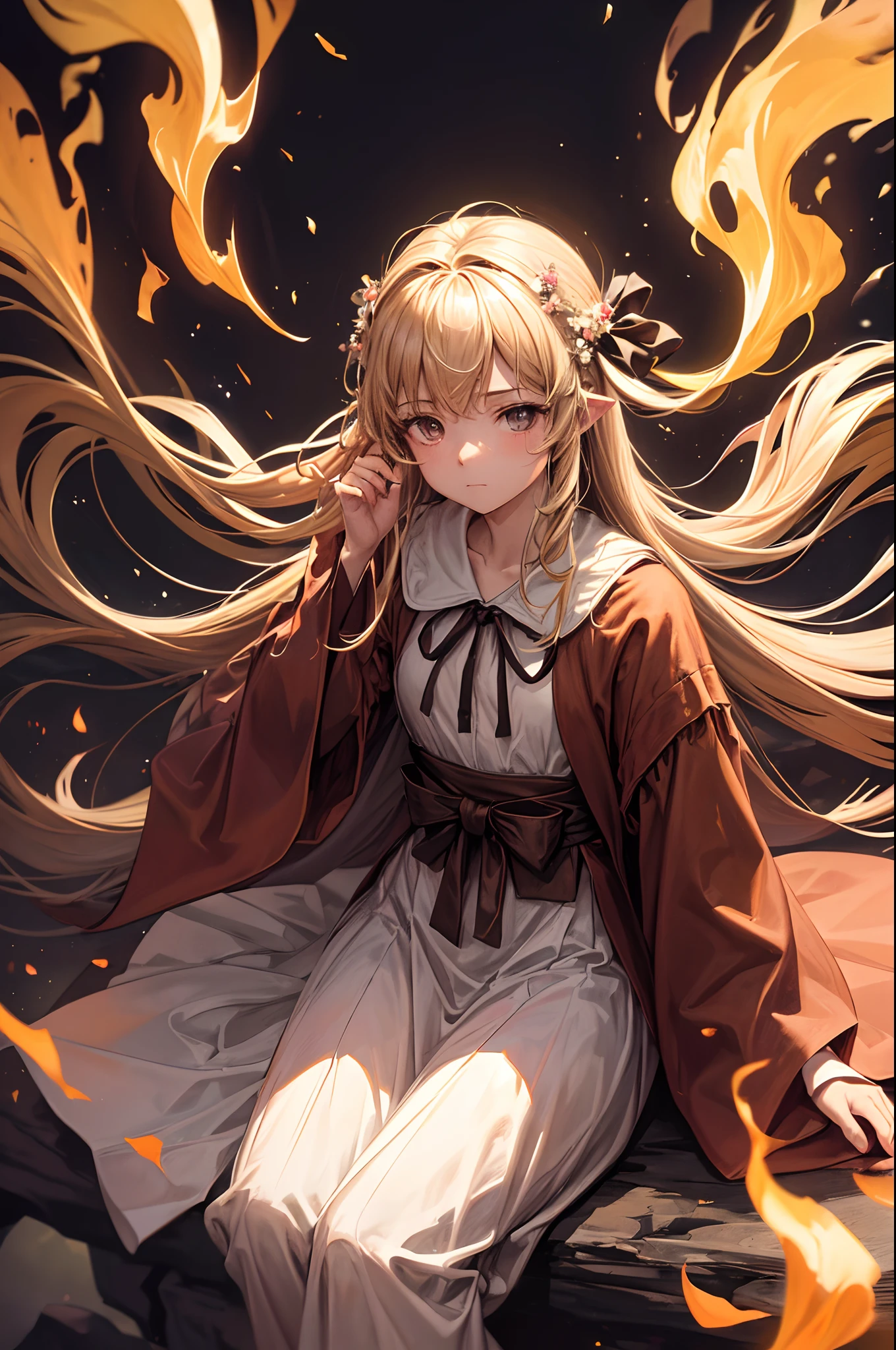 (Best quality, Masterpiece), (1girll, Solo,brown robe, expression face, looks away, Sitting, Wide sleeves, Black eyes, Closed mouth, Ribbon shape Fire on the head, Long hair, Cowboy shot), (monochrome, night sky at cave entrance , light rising from the bottom, inside Cave, Floating a glowing bouquet of white particles, burning fire at hand, floating many small fires),