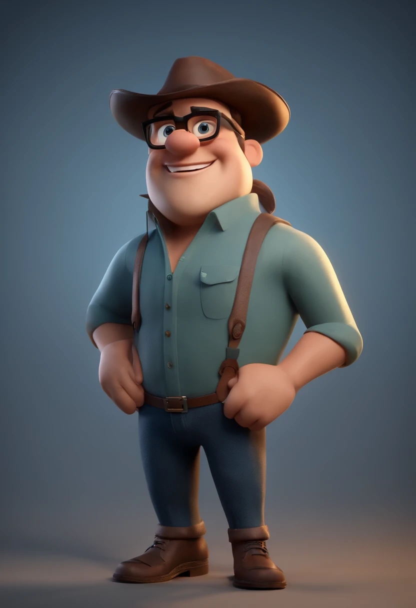 Cartoon character of a man with black glasses and a blue shirt, estilo pescador do mar, animation character, Caractere estilizado, animation style rendering, 3D estilizado, Arnold Maya render, 3 d render stylized, toon render keyshot, Personagem 3D, Personagem 3D, 3d rendering stylized, 3 d character render, personagem de desenho animado, Personagem de close up, Pose de personagem,  (Estilo Pixar) (master part:1.2) (Bokeh) (best quality) (pele detalhada) (textura detalhada) (8k) (argila) (Cinematic lighting) (foco nítido