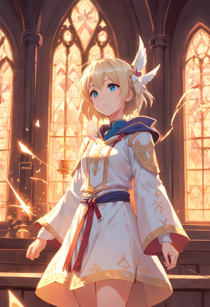 White magician,14 year old loli girl,Tsundere,medieval clothing,full bodyesbian,Standing painting,The expression is cold。