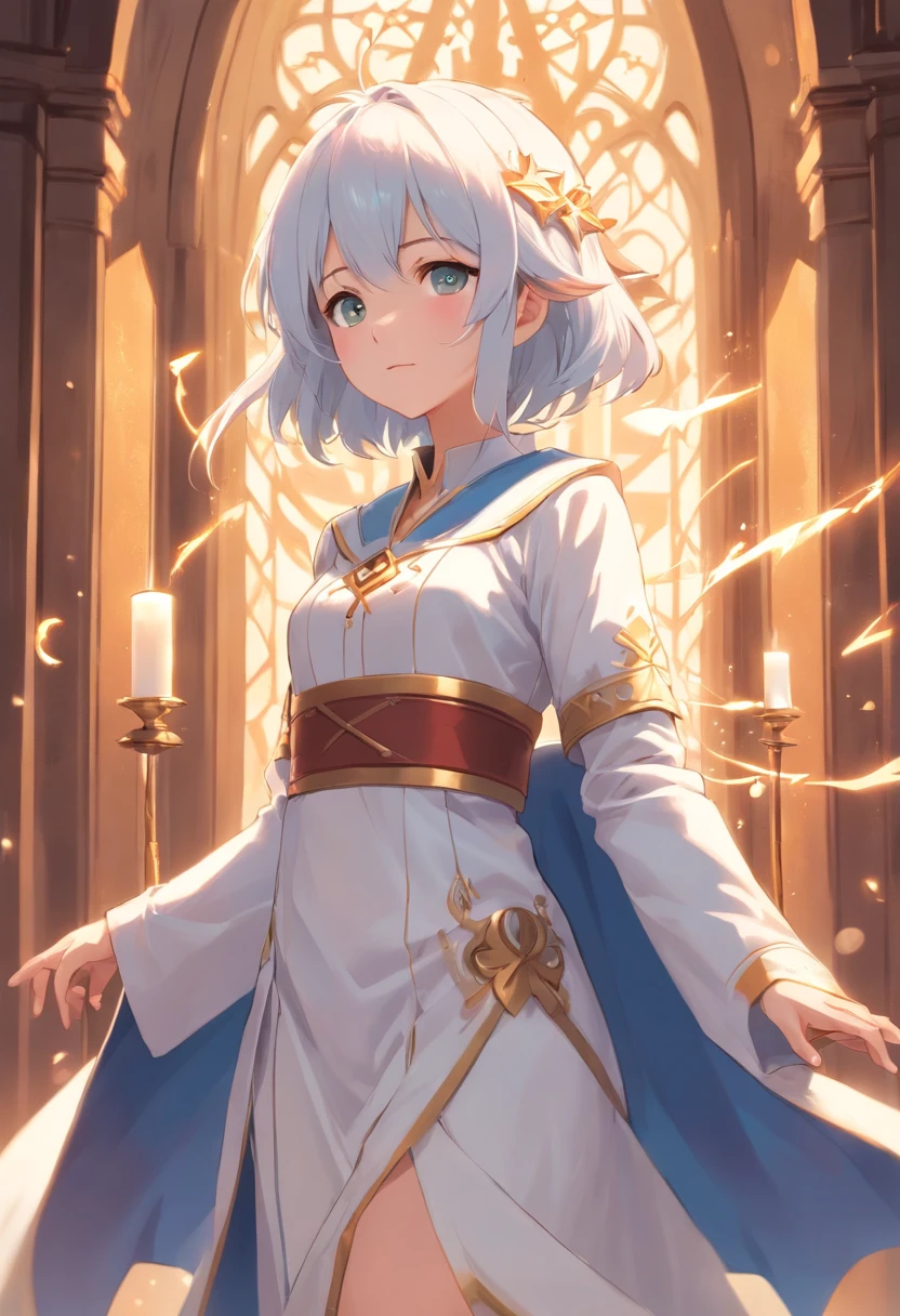 White magician,14 year old loli girl,Tsundere,medieval clothing,full bodyesbian,Standing painting,The expression is cold。