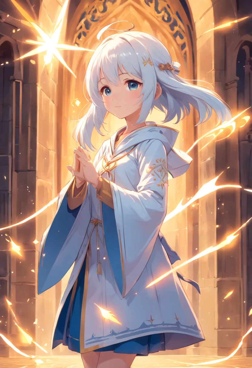White magician,14 year old loli girl,Tsundere,medieval clothing,full bodyesbian,Standing painting,The expression is cold。