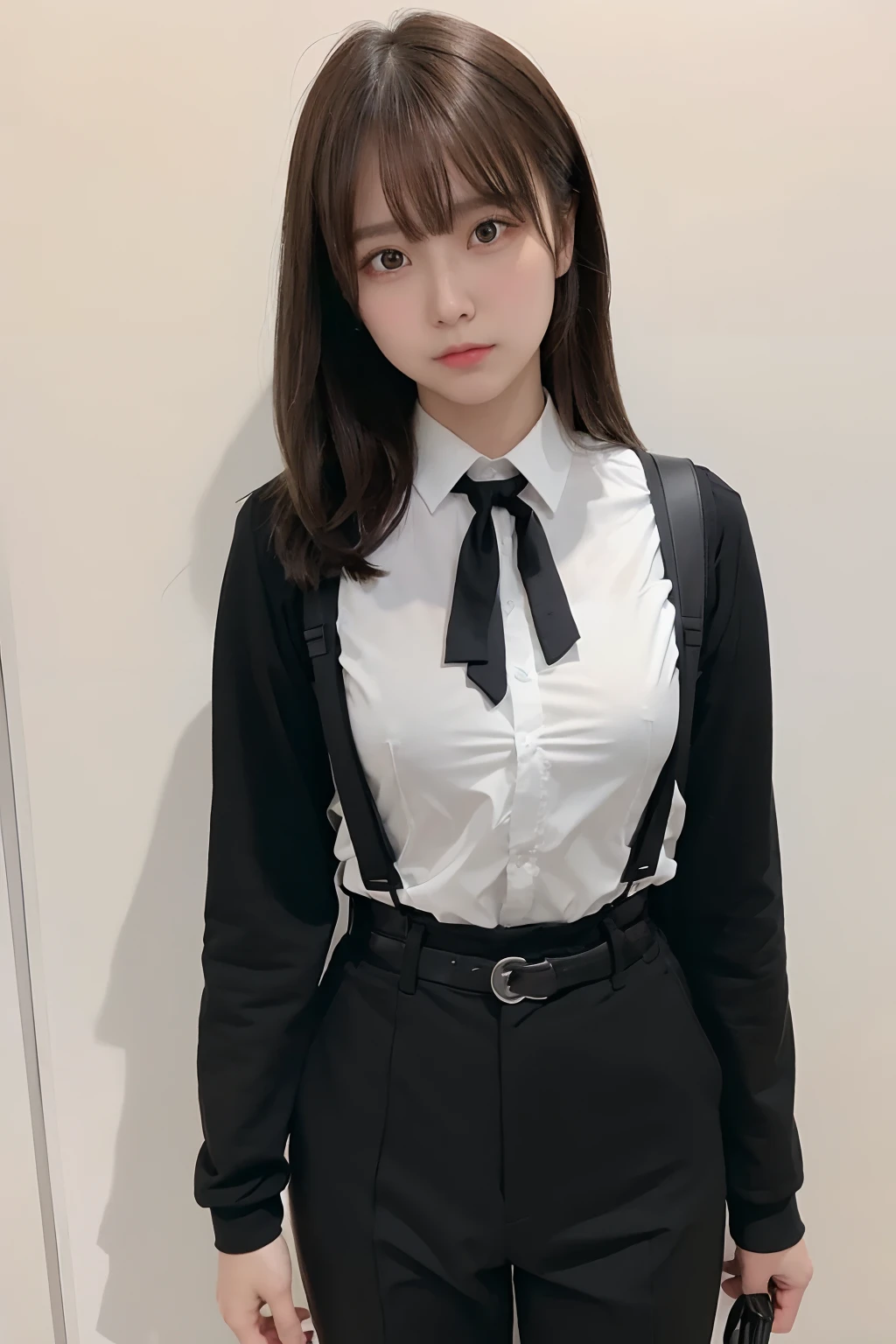 masterpiece、flat-colors、depth of fields、lens flare 1 girl、、Brown hair、watching at viewers a belt black suspenders Social OL huge-breasted Armpit sweat perspiring Side of both hands walls: Black Suit Black pants, Black jacket holster arm Leg holster arm Knife Carrying arma Gaze No tie tiarra No bangs Small face