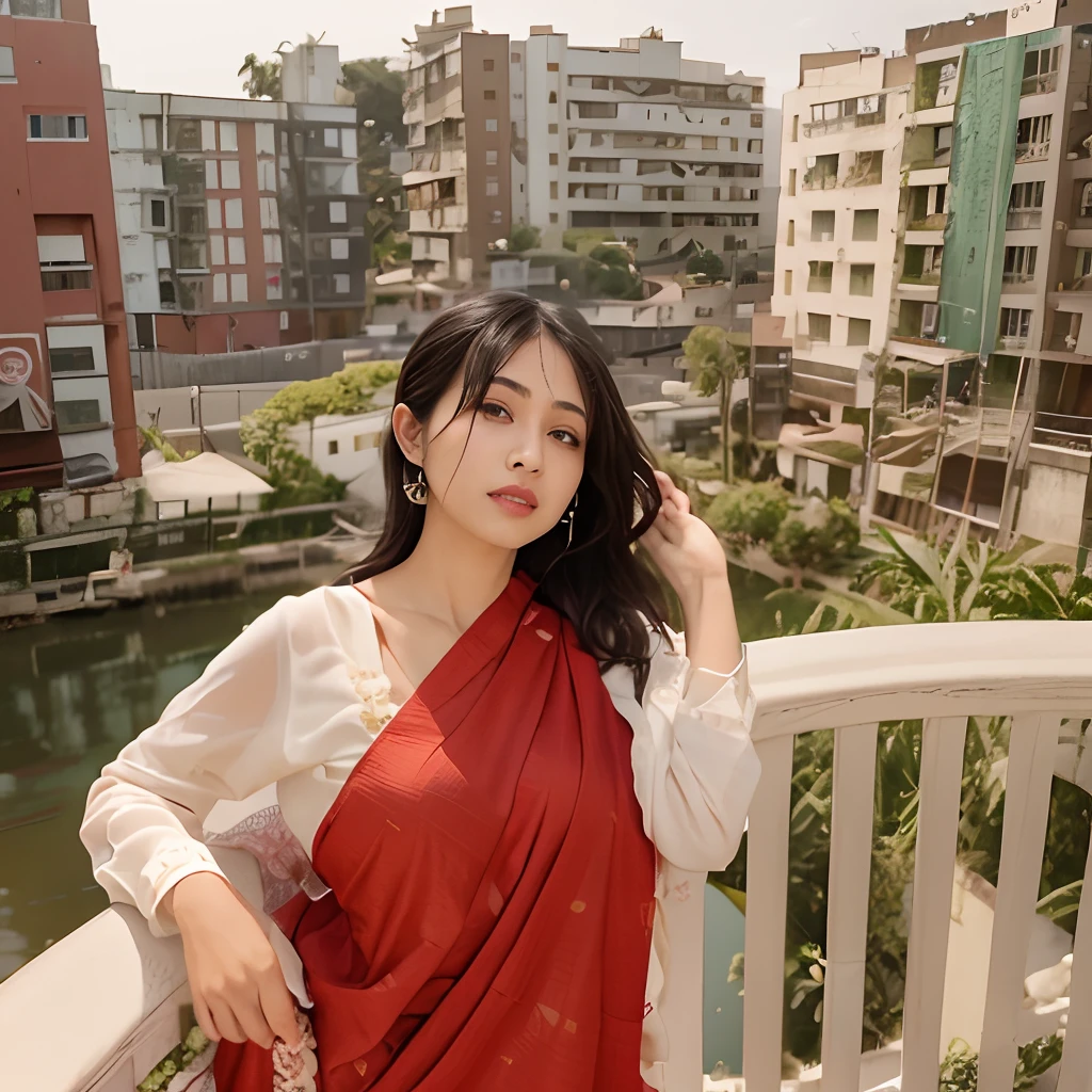 cute sexy girl, black hair, medium boobsrealistic face,8k there is a woman standing on a balcony with a city in the background, assamese aesthetic, taken with sony alpha 9, with a city in the background, wearing bihu dress mekhela sador, candid picture, with lovely look, dressed in a sari, traditional beauty, inspired by Bikash Bhattacharjee, wearing a sari, shot with sony alpha