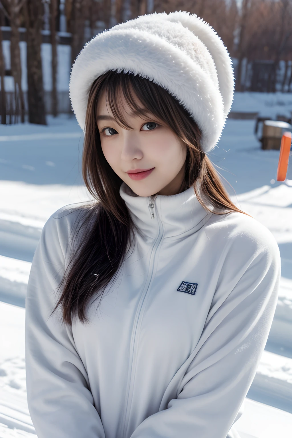 masterpiece、8K、32K、top-quality、(A cute Japanese woman:1.1)、detail portrayal、1 girl in、elegent、tits out、(Ski Wear:1.3)、(Winters:1.1)、a ski、cowboy shot、ssmile