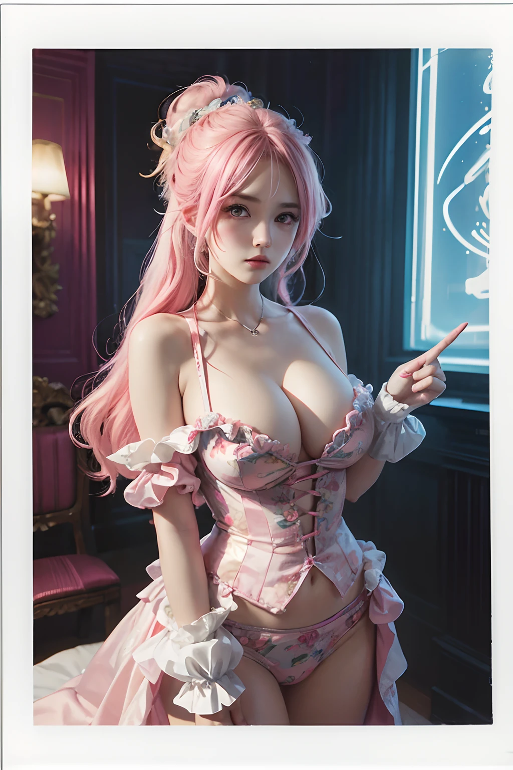 anime big breast_artwork of a, Rococo, Grand_photographed, Polaroid, annoyed_Girl, neonlight_Glowing_Hair, kanon_5D_Mark_4, neonlight_Light, Kodak_Ektar, Flamboyant, Pastel_colours, Curved_Lines, elaborate_detail, Rococo, J's Art.c. Ryan Decker