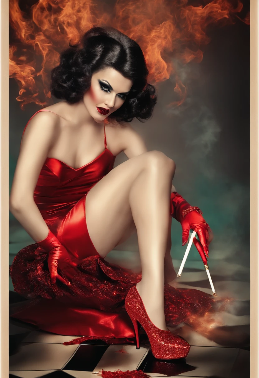 Woman in sexy devil outfit smashing a cigarette butt on the floor with her heels