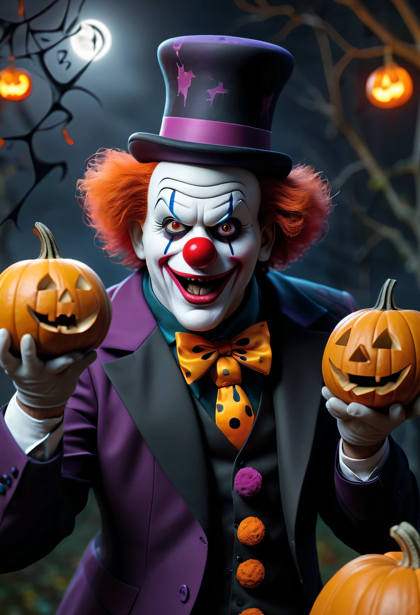 Best quality, masterpiece, clown, fancy dress, fancy circus stage background, spinning 3 balls, detailed image texture, grotesque, horror, creepy atmosphere (not AI image), foggy, fancy stage lighting