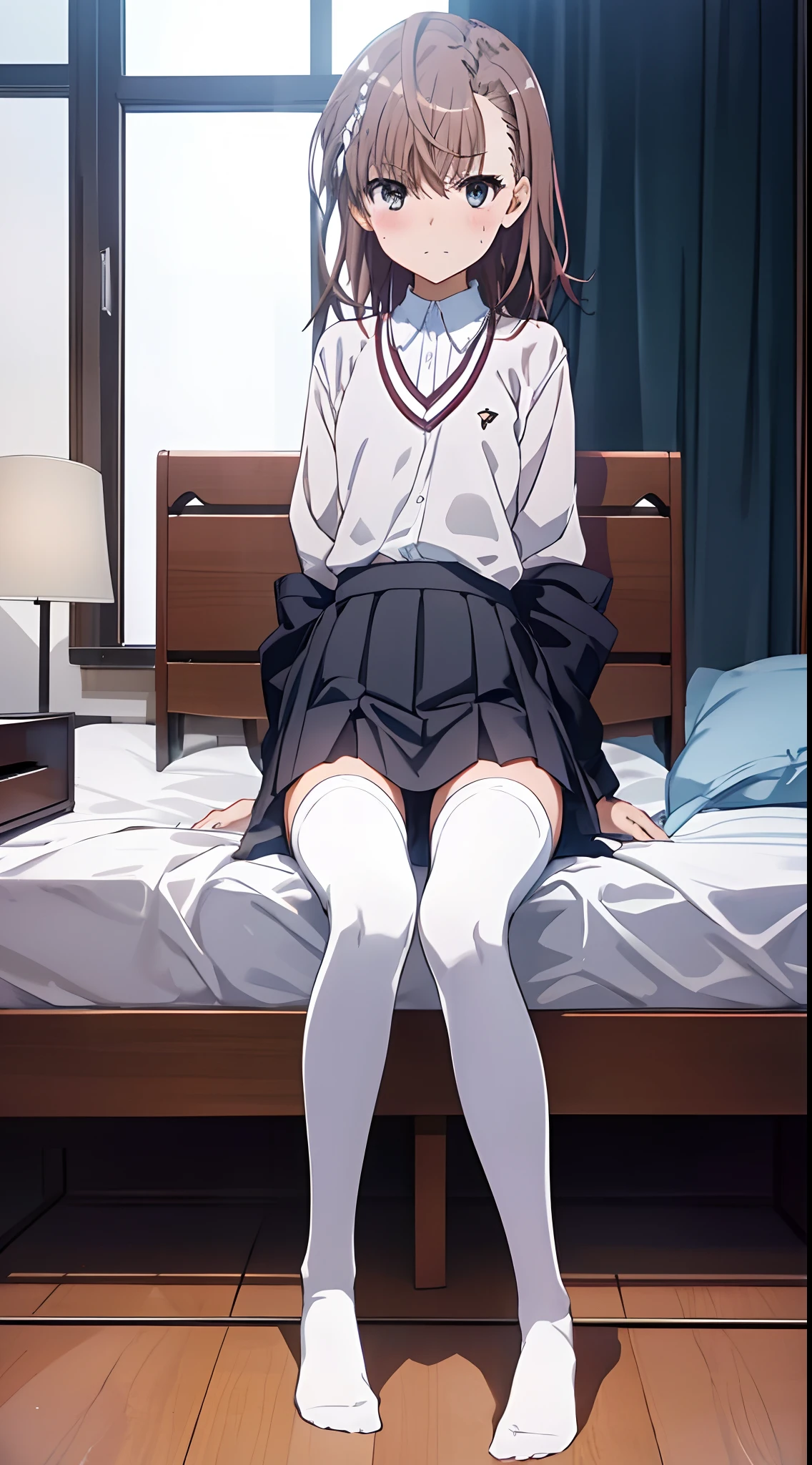 Misaka Mikoto、Misaka Mikoto、Mature and slender body shape1Japan of people18Year old girl、solo、slightly disheveled hair、Full body from head to leg、Composition from slightly below、Sitting facing the front、M-shaped legs、Holding your feet、small tits、High school girl in underwear、White bra、white panties、Black pantyhose、(Black_pantyhose):1.2)、Show white panties through stockings、No shoes、Bedrooms、inside in room、during daytime、Facial expressions of sweating and uplifting、blushing、looking at the viewers、Panchira、Composition from the front、watching at viewers、White panties are visible