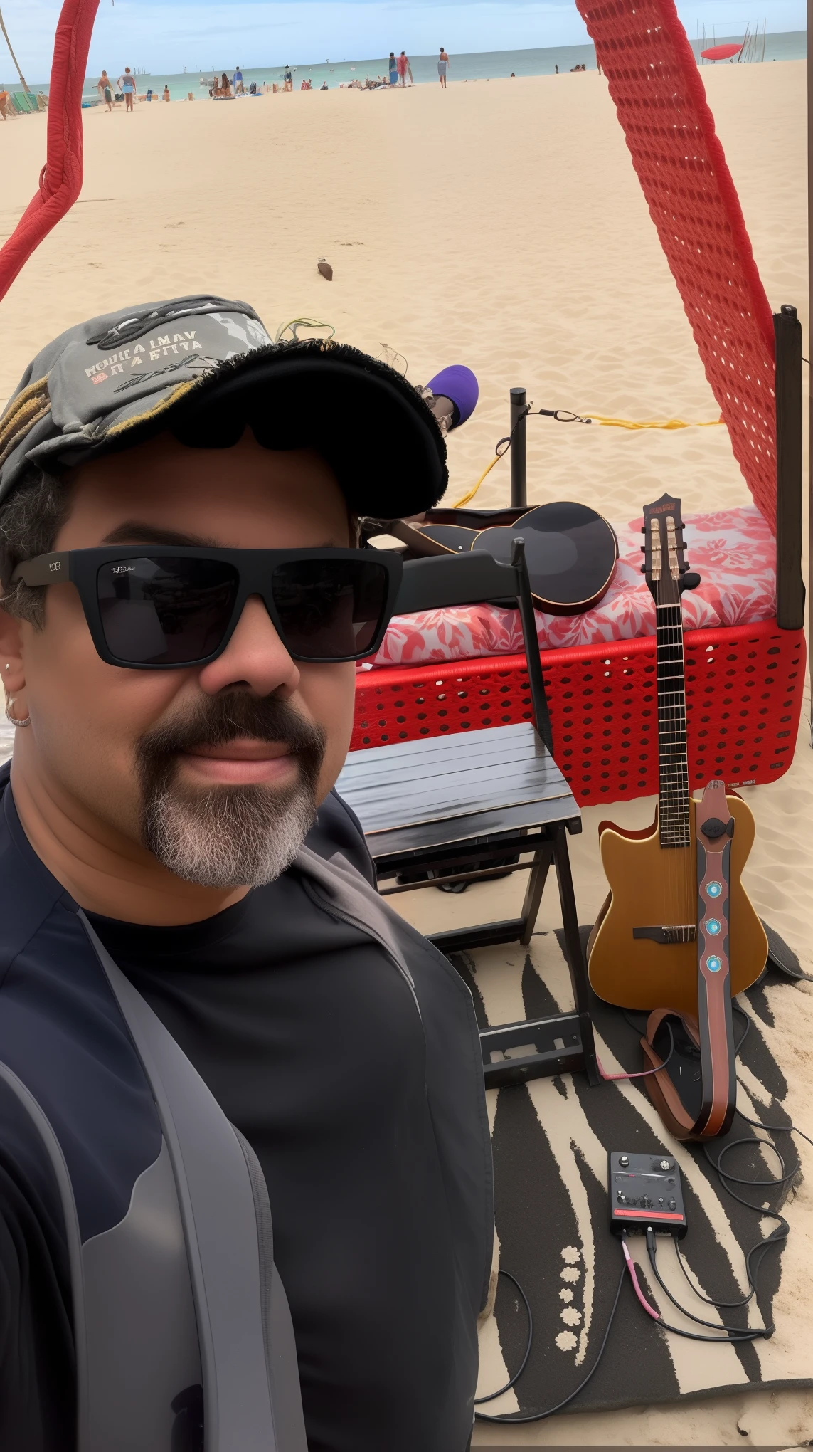 There's a man standing next to a guitar, foto de perfil, red sunglasses and a guitar, foto do perfil, Jorge Lopez, Tiro no iPhone 1 3 Pro Max, standing near the beach, na praia, Tiro no iPhone 1 3 Pro, na praia, em uma praia, holding electric guitars, tirado no iphone 14 pro