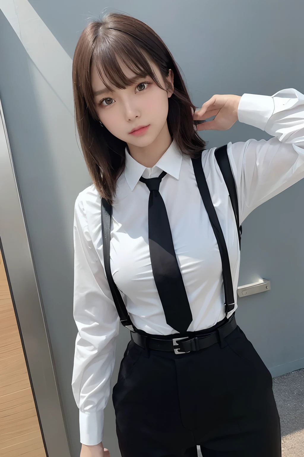 ​masterpiece、flat-colors、depth of fields、lens flare 1 girl、、Brown hair、watching at viewers　　　　a belt　black suspenders　Social OL　　　huge-breasted　　　 　 Armpit sweat　perspiring　Side of both hands　　walls: Black Suit　Black pants, Black jacket holster　arm　Leg holster　arm　Knife Carrying　arma　Gaze　　No tie　tiarra　No bangs　Small face
