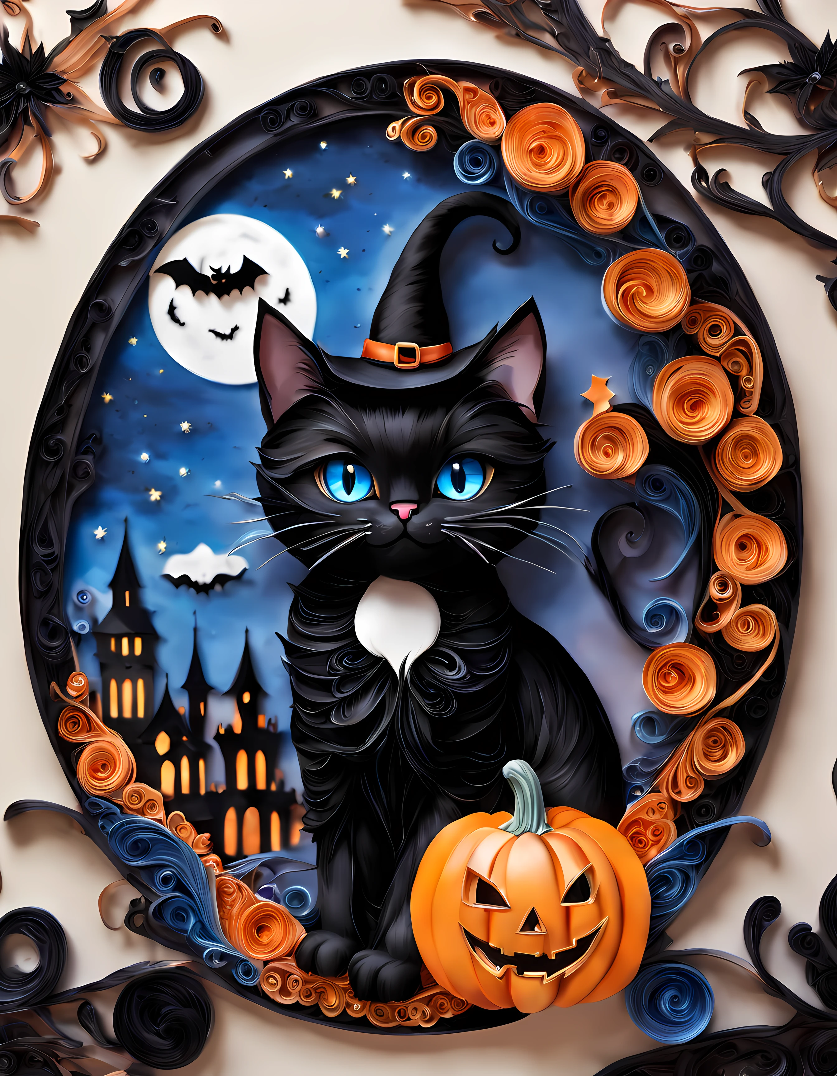 yanzhi,paper quilling, ((view through elegant round gothic frame with a Halloween touch)), (solo:1.3) (((cute Halloween black cat))) ((vivid eyes)) (((wearing a long hat))) (((looking at the viewer))), ((mystical blue flows)), ((gothic tall towers)), (bats), breathtaking ((starry)) moonlit night, autumn vibes, wooden planks background, (pumpkins:0.5)