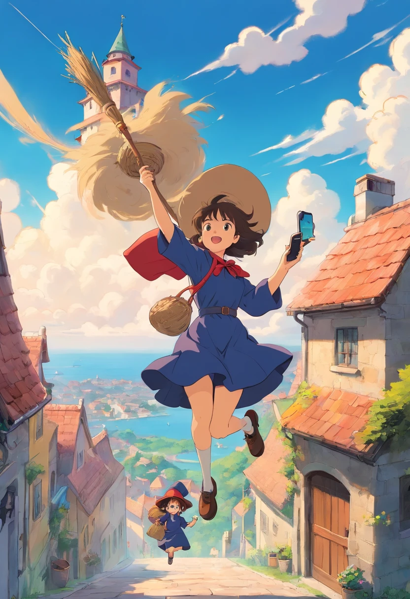 Witch Delivery Service,Girl playing with mobile phone on broom in the sky,Ghibli style,Background of living in Croatia