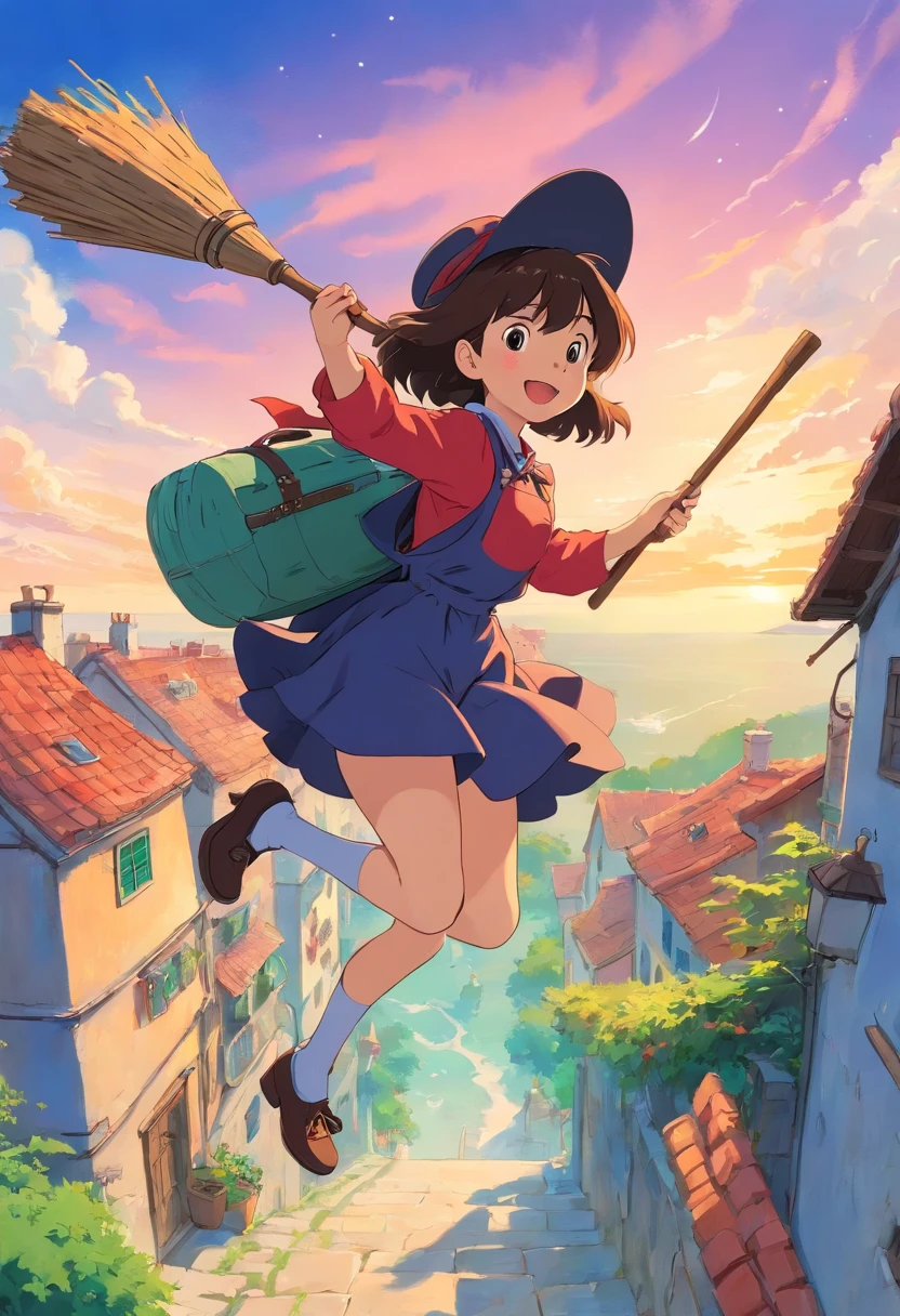 Witch Delivery Service,Girl playing with mobile phone on broom in the sky,Ghibli style,Background of living in Croatia