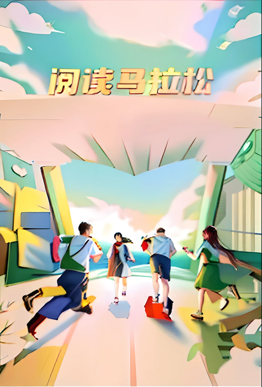 There were three people running around a book with the sky as the background, exciting illustration, author：Cheng Jiasui, promotional poster, novel cover, warm and joyful atmosphere, author：Wang Yi, daily life, poster for, inspired by Ding Yunpeng, by Yang J, author：Qu Leilei, encyclopedia illustration, author：Xia Chang, author：Li Fangying, trending on cgstation, Weibo