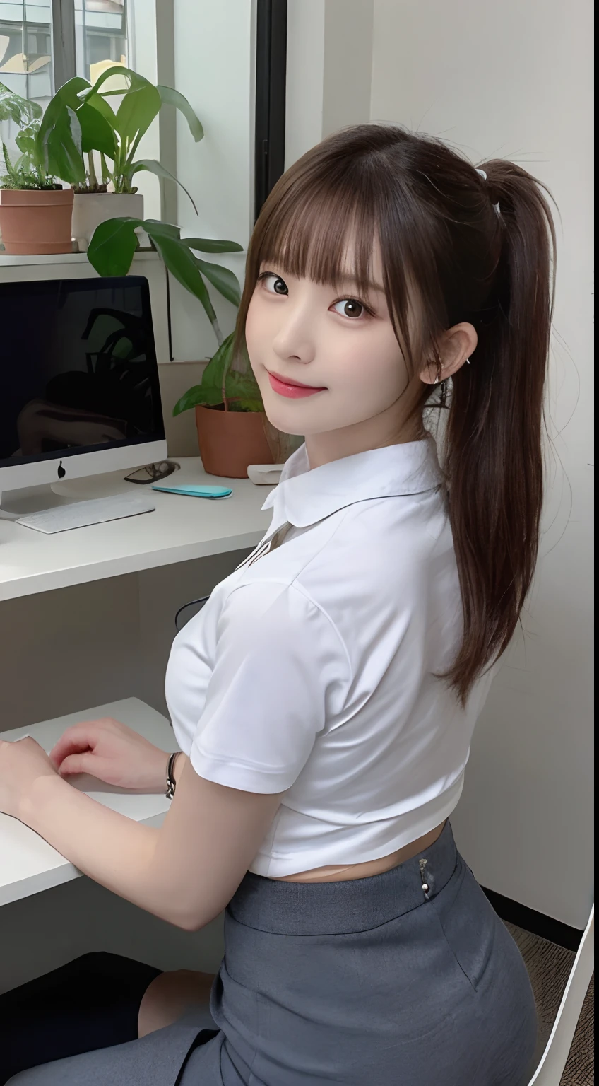 masutepiece, Best Quality, Live action, Ultra-detailed, finely detail, hight resolution, 8K Wallpaper, Perfect dynamic composition, Beautiful detailed eyes, Medium hair in a ponytail,Huge chest under the shirt:2.0、Natural Color Lip, Bold sexy poses,Smile,20 years girl、Cute、Sexy shot looking at camera、Shot from the knee up、full body seen、((ty、s Office、houseplant、Button shirt with collar、pencil skirts、cross one's legs、accessorized、a necklace、neck tie、piercings、Outside the window is an azure sky、Gray walls、a desk、personal computers、Line、big eye、long lashes、Colossal tits:1.5、posterior view、above knee))