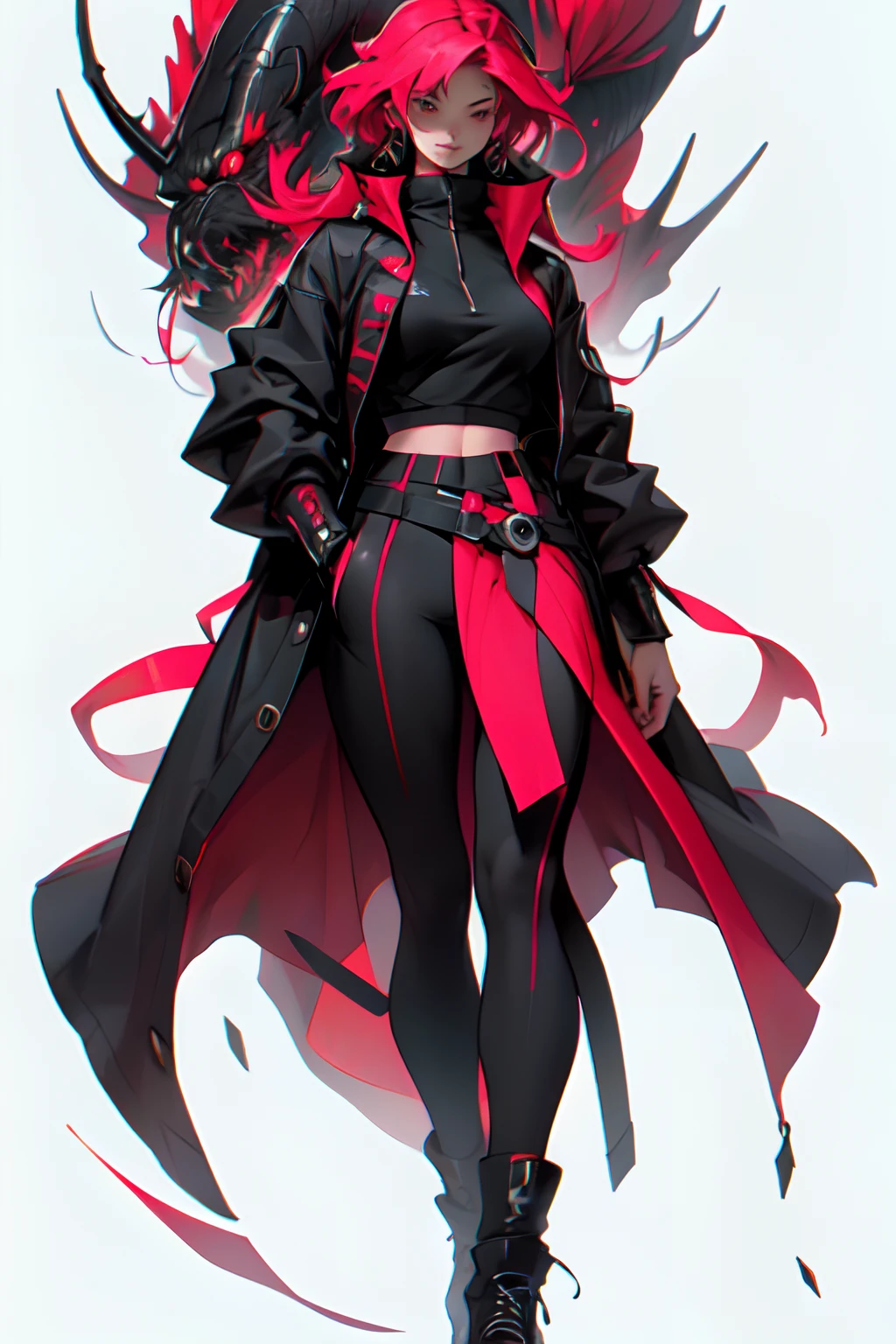 Masterpiece, best quality, high-res, extremely detailed, 1 girl 18 years old lookig very arrogant, in shape, fitness, (she is the villain, she is the final boss), ((female focus:1.3)), woman, tomboy, marimacho, red/black/pink, simple color background