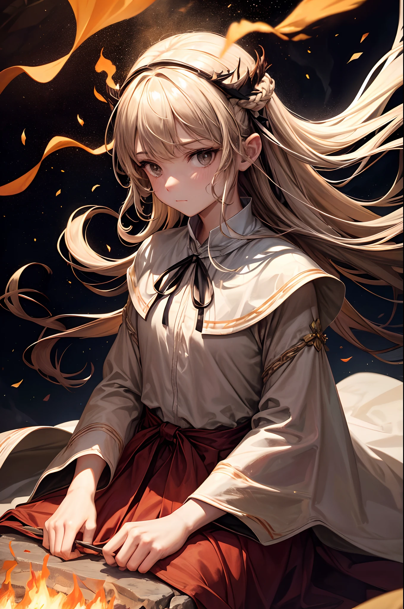 (Best quality, Masterpiece),  (1girll, Solo,brown robe, expression face, looks away, Sitting, Wide sleeves, Black eyes, Closed mouth, Ribbon shape Fire on the head, Long hair, Cowboy shot), (monochrome, night sky at cave entrance , light rising from the bottom, inside Cave, Floating a glowing bouquet of white particles, burning fire at hand, floating many small fires),
