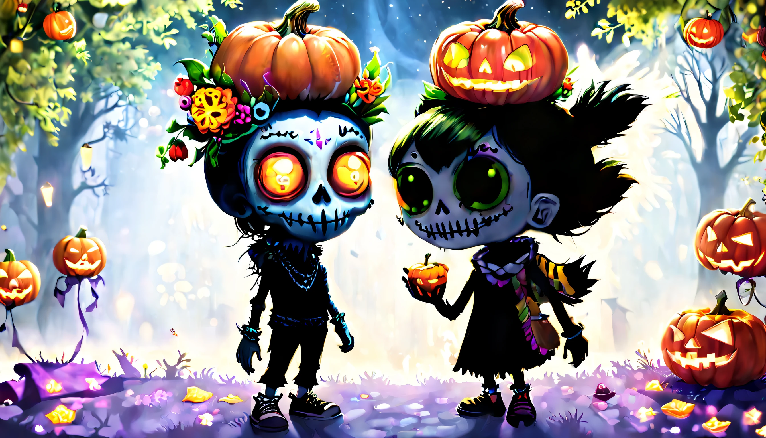 Day of the Dead : Niji deathpunk characters revel in their life-trip, engaging in playful and mischievous tricks and sharing scrumptious treats that they find on their travels. Eerily-lit tree branches become an impromptu stage for shadow-dance performances, and pumpkin-carved headbands add a touch of whimsy to their curious aura.