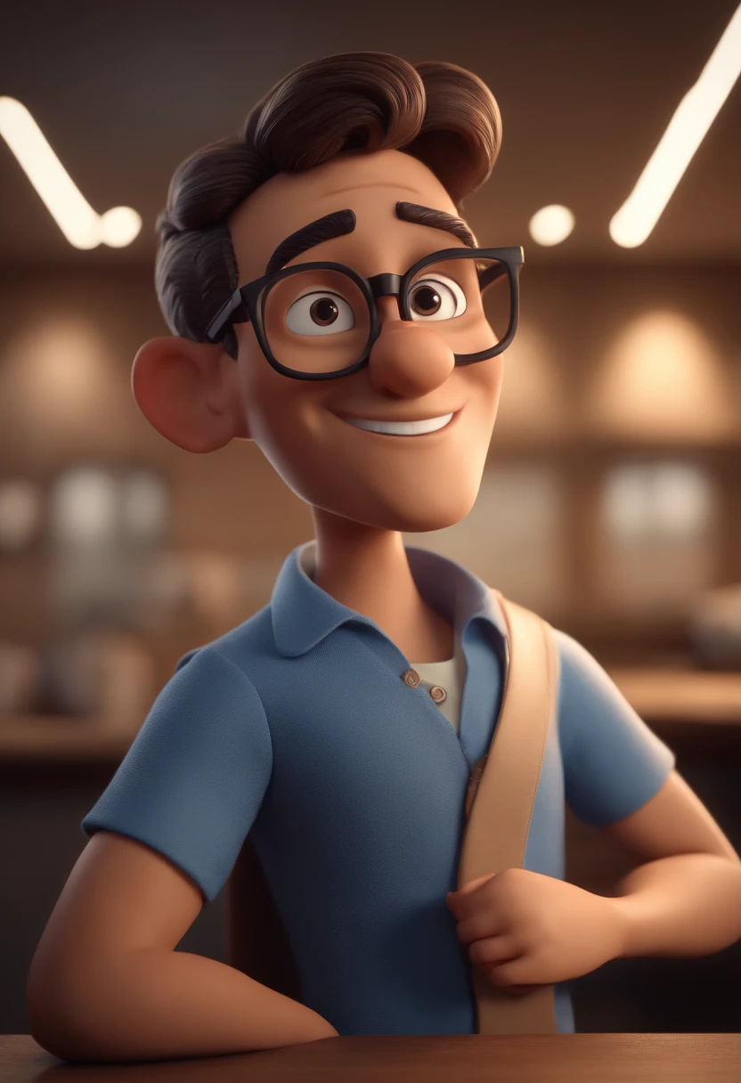 Cartoon character of a young man wearing round gray glasses and a blue shirt, de cabelo curto e castanho, um personagem animado, Caractere estilizado, animation style rendering, 3D estilizado, Arnold Maya render, 3 d render stylized, toon render keyshot, Personagem 3D, Personagem 3D, 3d rendering stylized, 3 d character render, personagem de desenho animado, Personagem de close up, Pose de personagem, (Estilo Pixar) (master part:1.2) (Bokeh) (best quality) (pele detalhada) (textura detalhada) (8k) (argila) (Cinematic lighting) (foco nítido，Sits and empties upper body in a dental office alone.