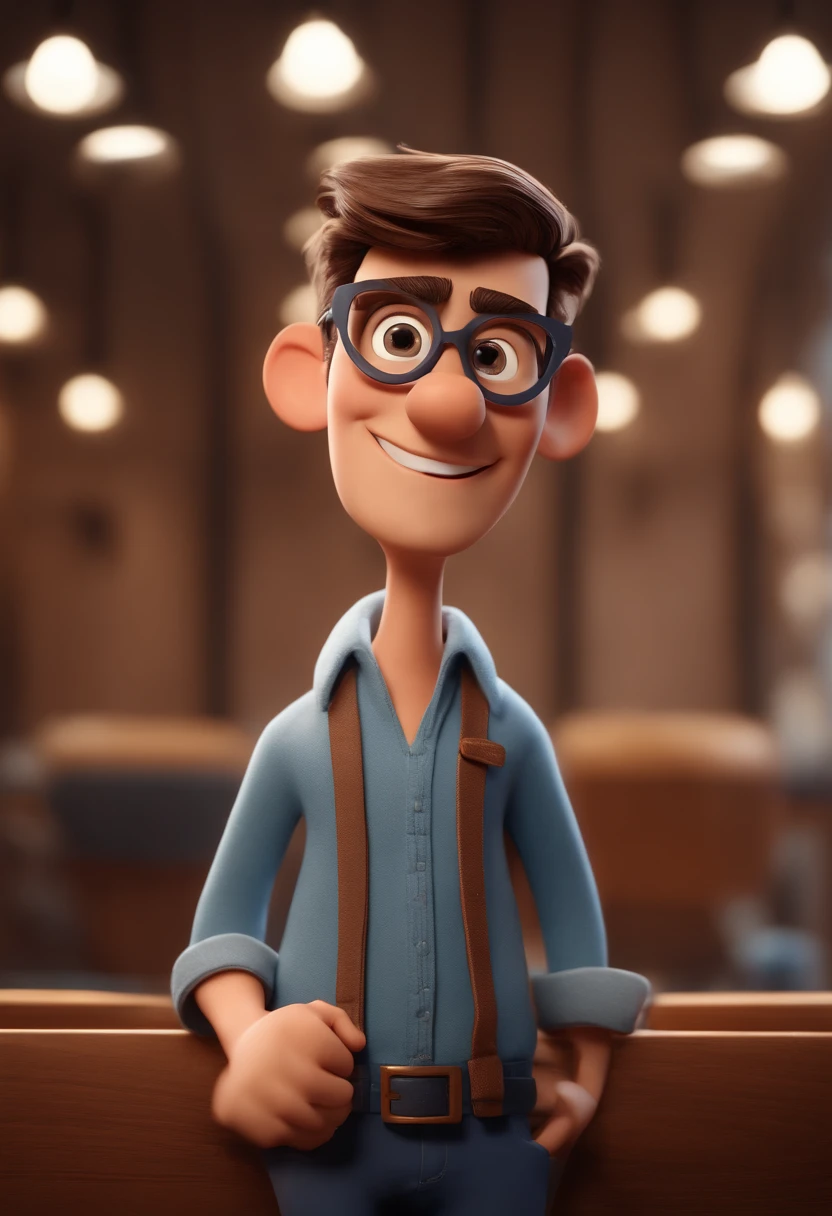 Cartoon character of a young man wearing round gray glasses and a blue shirt, de cabelo curto e castanho, um personagem animado, Caractere estilizado, animation style rendering, 3D estilizado, Arnold Maya render, 3 d render stylized, toon render keyshot, Personagem 3D, Personagem 3D, 3d rendering stylized, 3 d character render, personagem de desenho animado, Personagem de close up, Pose de personagem, (Estilo Pixar) (master part:1.2) (Bokeh) (best quality) (pele detalhada) (textura detalhada) (8k) (argila) (Cinematic lighting) (foco nítido,Sits and empties upper body in a dental office alone.