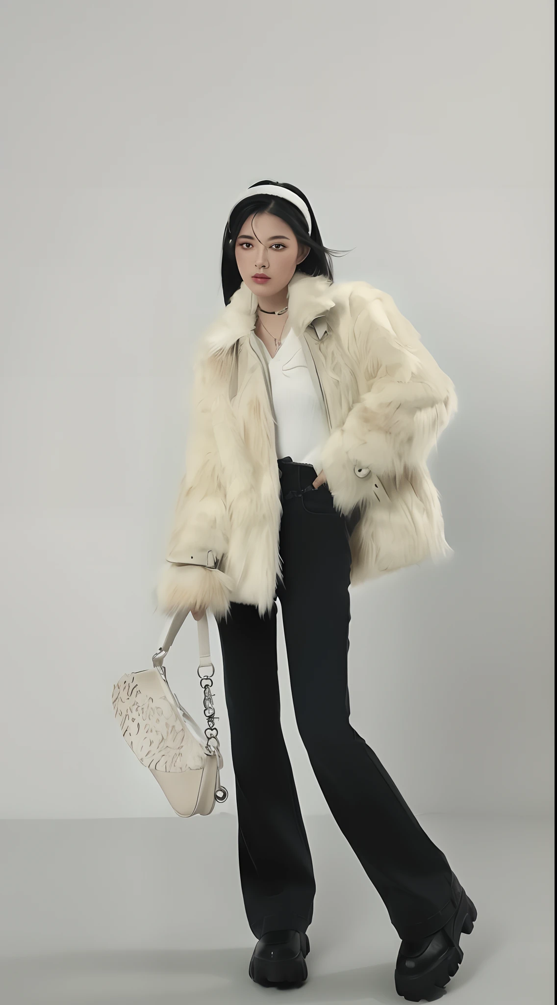 Alafi woman in a white fur coat and black pants holding a white purse, White fur, Fur jacket, Leather fur jacket, Fur coat, with white fluffy fur, fluffy fluffy fur, Detailed white fur, ( ivory black ), wearing a fur coat, full bodyesbian, Furry style, fur attire, retro look, Fluffy, full body full height, pelt coats