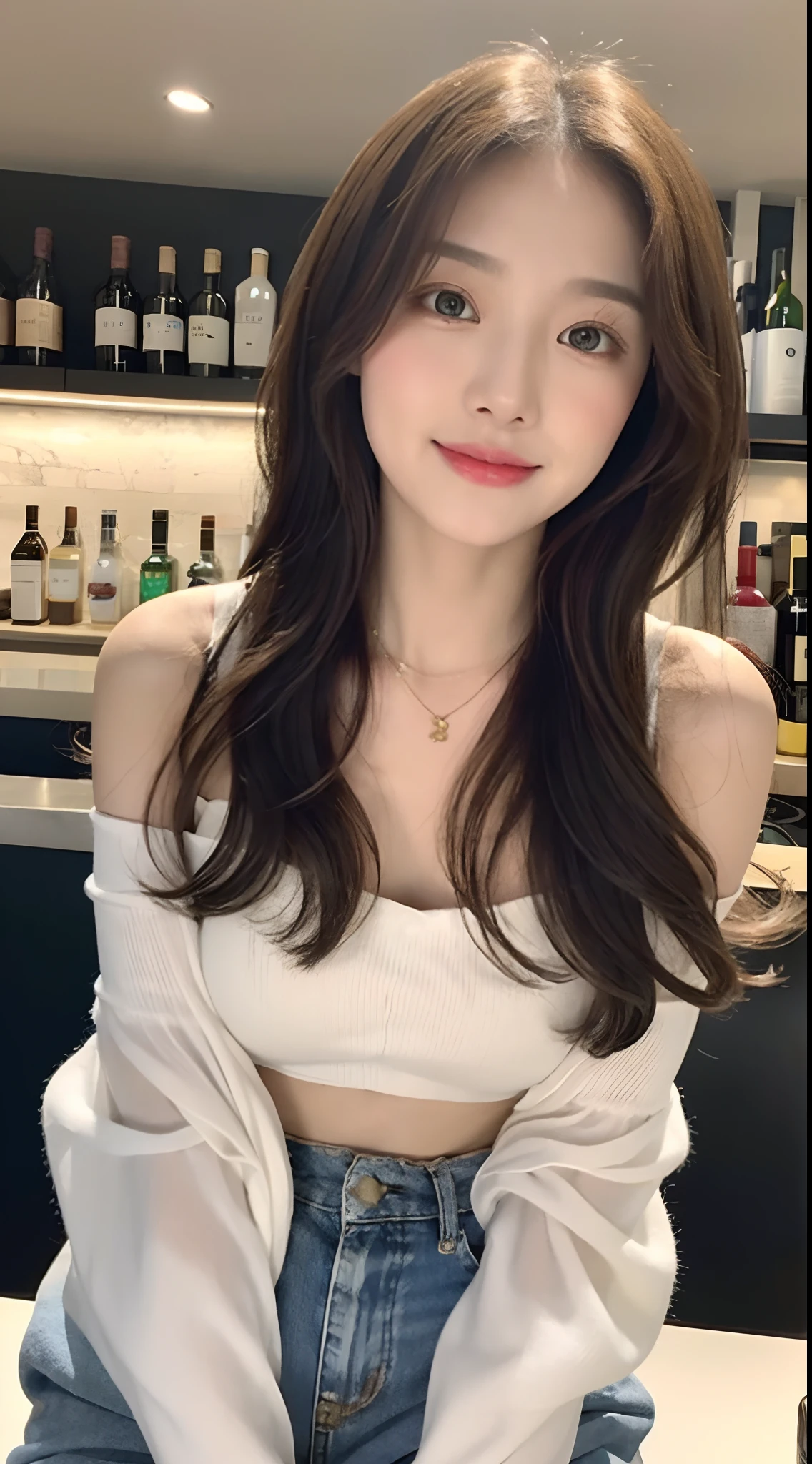A superb exquisite real beautiful girl, golden long curly hair, extremely exquisite facial features, peerless beautiful girl, collarbone off-the-shoulder, white crop top shirt, black JK skirt, exposed legs, sweet smile, soft, dreamy quality, light white and dark brown, exaggerated facial features, solid color, frank off-white, surreal, blue gemstone necklace, ultra-clear, beautiful young girl, cute and lively, super short leggings, background at the bar counter