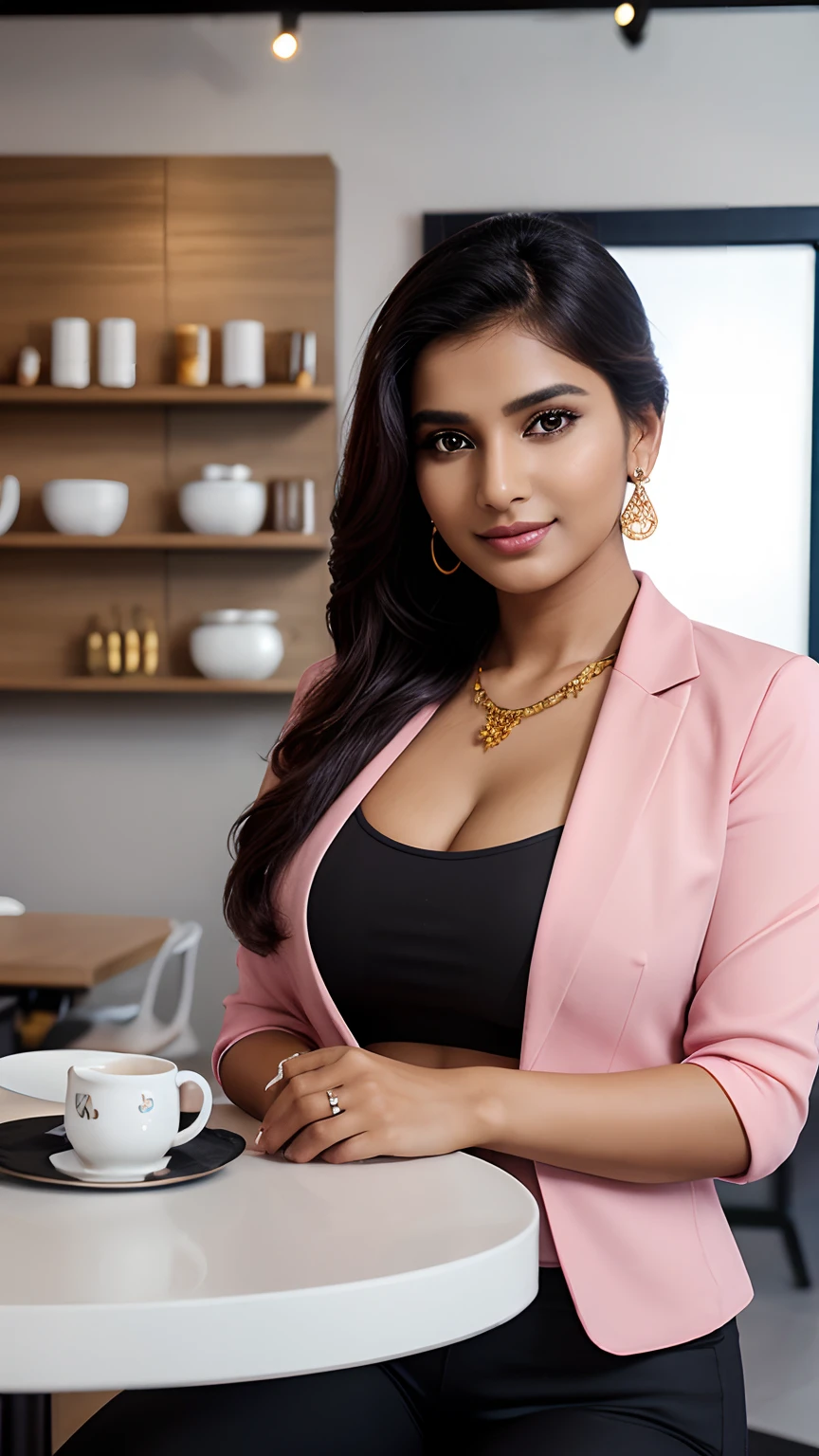 imagine a portrait of 2 Tamil models, beautiful gorgeous cutest tenderness feminine thin, flawless skin, curves, perfect body shape, no chubby cheeks, no chubby, well toned body, hourglass figure, sleek chick, wearing pink shirt, black pant, black blazers, wrist watch, earrings, thin chain, high heels, ponytail, posing for a glamorous photoshoot, inside a coffee shop, tables chairs, vending machines in the background, porcelain cups, saucers, teapot tissue papers in the background, no wrinkles no pimples face, (((ultrarealistic face features))), ((hyperrealistic face features, ultrarealistic face features)), ((intricate zepto metric detailing of face & eyes & anatomy & background)), full body show, wide angle, photorealistic, photorealism, UHD, 4k, 8k, 16k, zeta pixel image