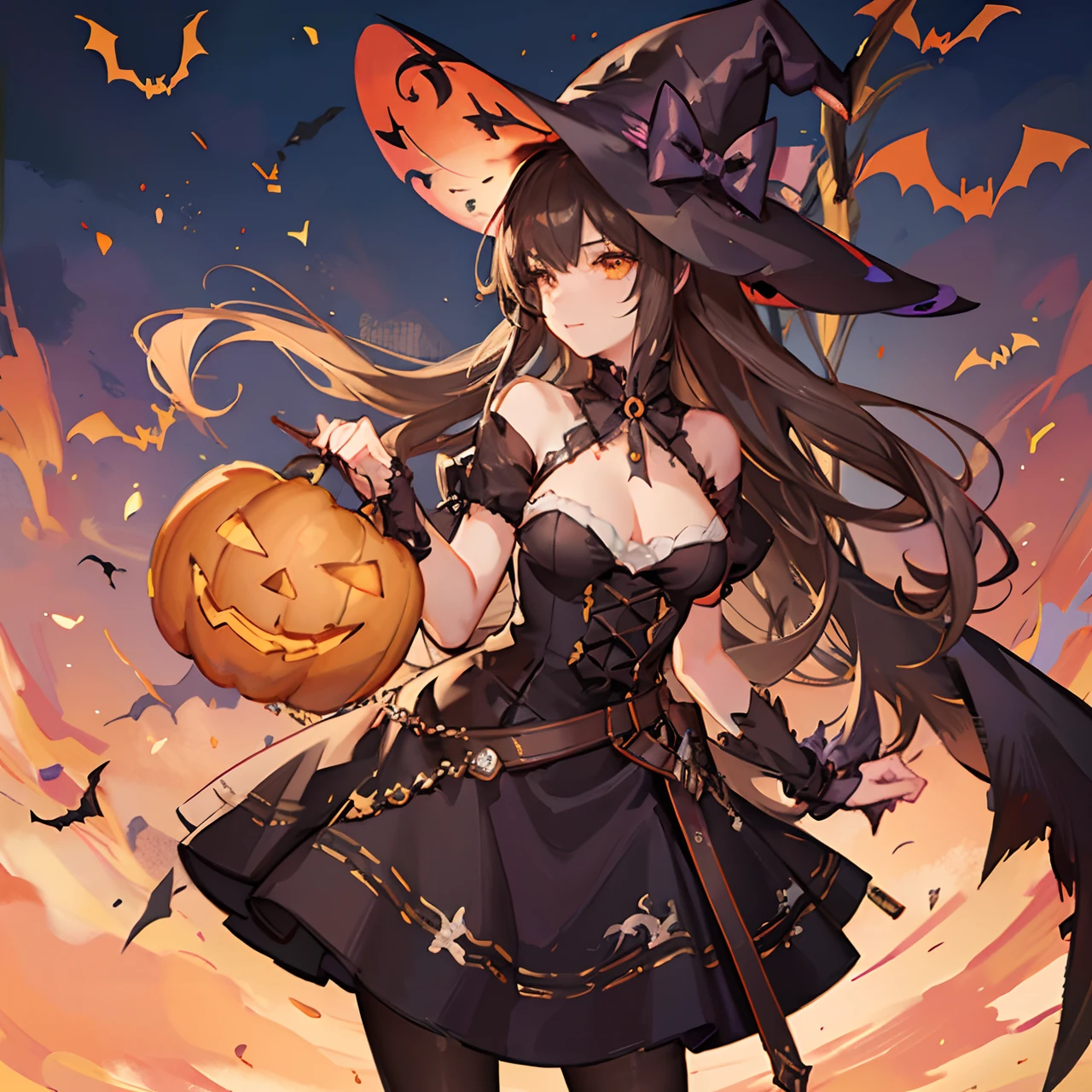 Masterpiece, best quality, (very detailed CG unity 8k wallpaper) (best quality), (best illustration), (best shadows) girl with brown hair, halloween, halloween vibe, cute, costume, super detailed --v6