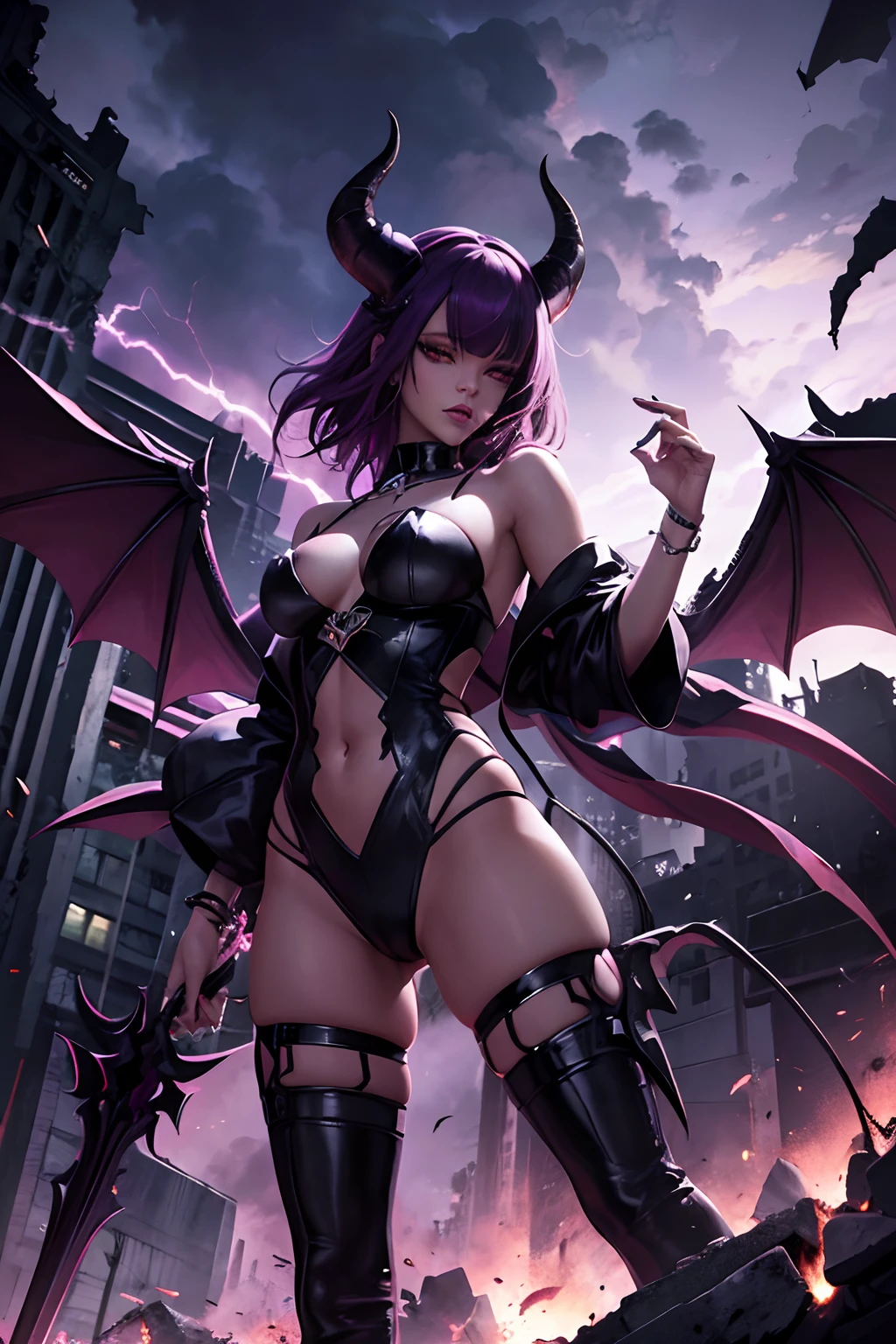 Rihanna hyper-giant, Hyper-powerful demon with two demon horns on his head and demon wings, Purple lightning fire on a building and shatters buildings , ville en ruine post apocalyptique,