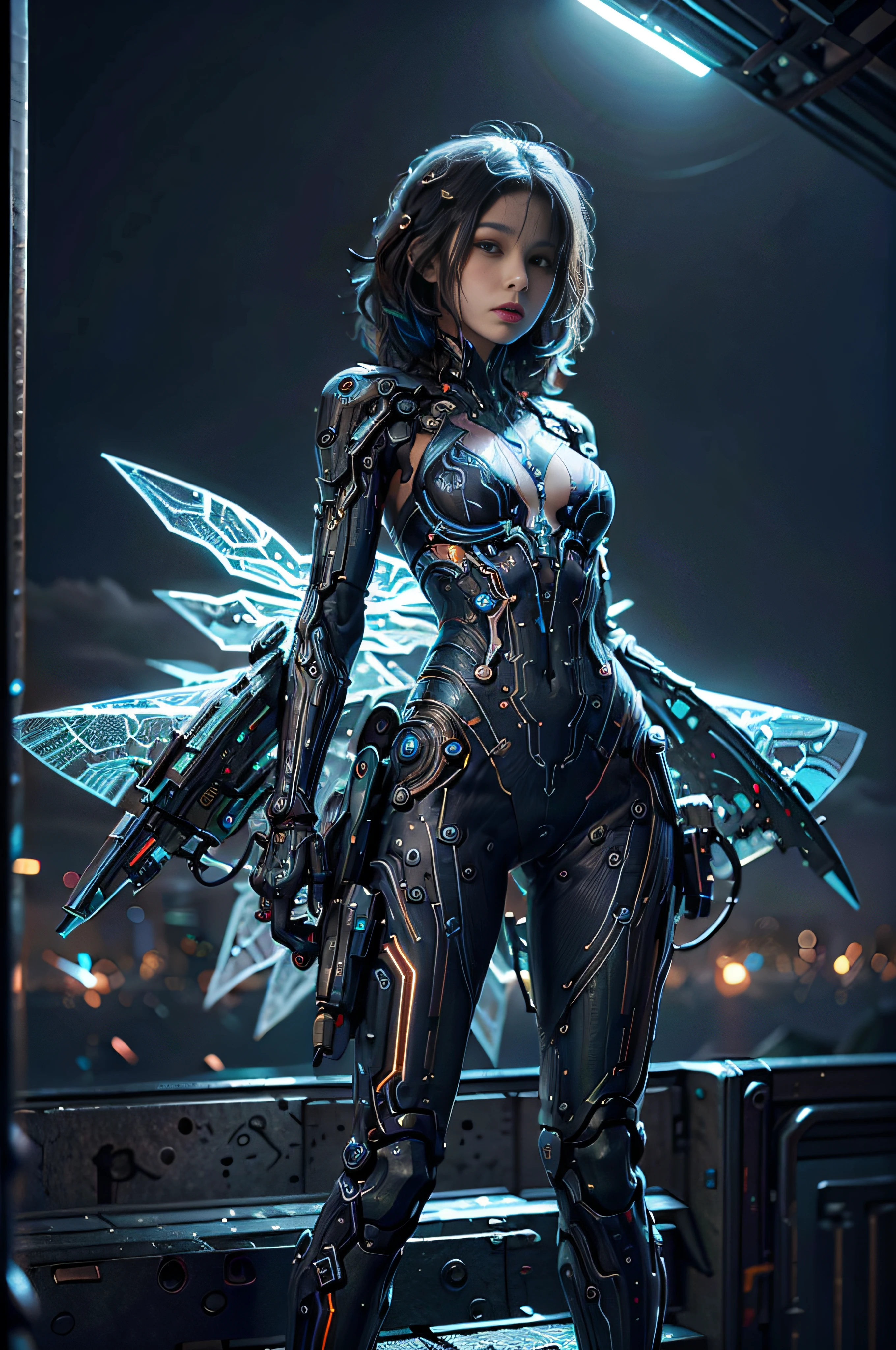 hd masterpiece, one standing women looking at camera, detailed face, mid shot, colourful, clouds, Translucent ethereal mechanical girl，Futuristic girl，Mechanical joints，futuristic urban background，ModelShoot style, (Extremely detailed CG unified 8K wallpapers), The beauty of abstract stylization,，surrealism, 8K, Super detail, Best quality, Award-Awarded, Anatomically correct, 16k, Super detail