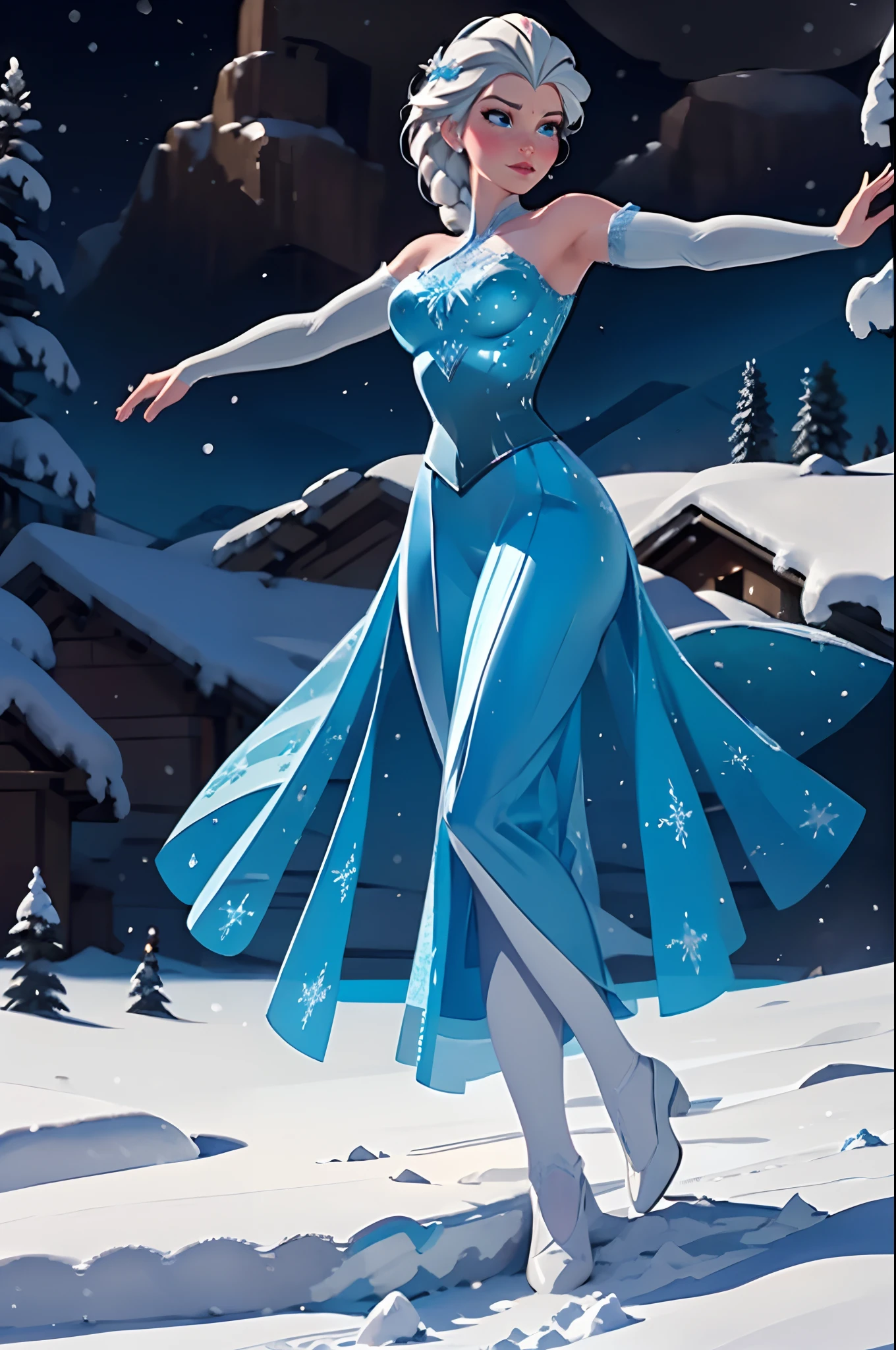 Queen Elsa , medium breasts, long legs, long white braid, dancing in the snow on top of a mountain