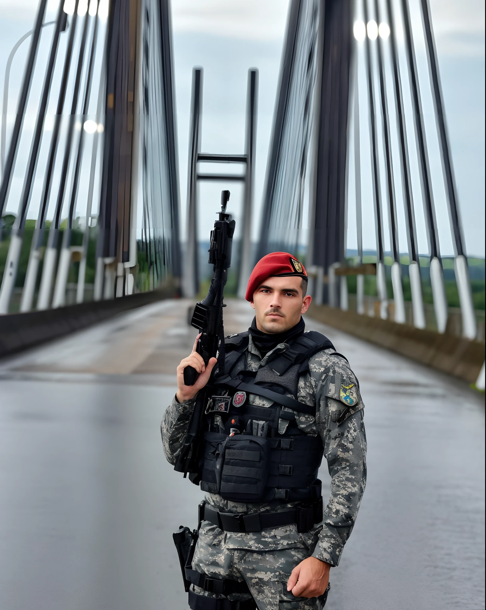 Soldado Arafed com uma arma em uma ponte na chuva, military police, Pewdiepie selfie em uma ponte, fotografia militar, Jakub Rebelka, soldado robusto, special forces security, Guarda Nacional Russa, standing on a bridge, em uma ponte, Anton Fadeev 8 K, Ukraine. foto profissional, compostura militar perfeita, Neto de Benjamin