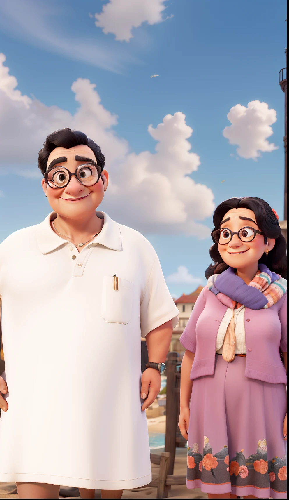 Obra-prima, estilo Disney PIXAR de melhor qualidade, with the title "FAMILIA BOBOIA" Capturing an old woman in glasses and scarf, vestindo um vestido com estampas de rosas e um idoso forte de cabelos curtos, lisos e grisalhos, Standing on the beach with small boats and a black lighthouse with white stripes in the background.