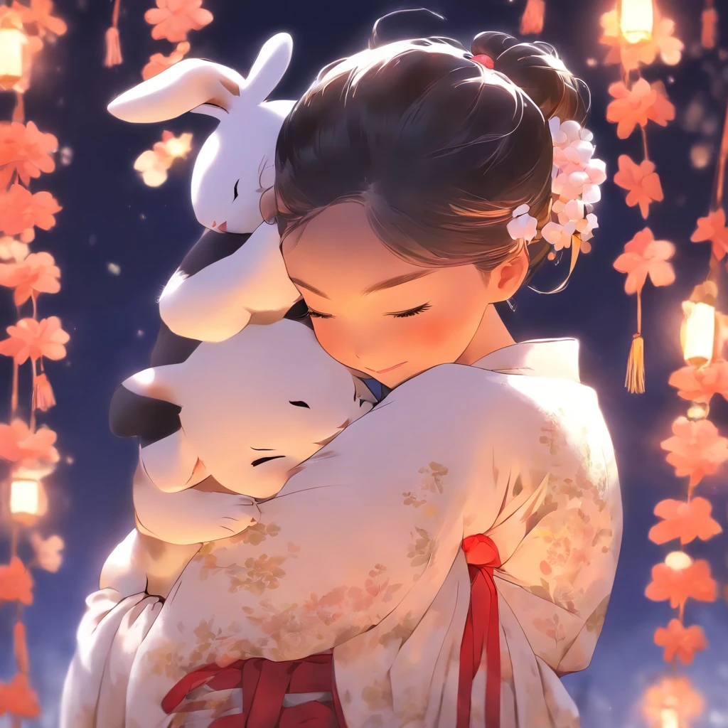 1girll, Moon, hair adornments, fullmoon, cloud, skyporn,Night, robe blanche, Solo, Smile, nigh sky,  flower, Hugging the black rabbit, Hair Flower, flower petals, child, blush, Parted Lip, Black hair, Black rabbit, Cloudy sky, forehead mark, Black eyes, face markings, Upstyle, artist name, Animal hugs, Hanfu, hair-bun, Girl child, Holding, Outdoors, Short hair, sleeves past wrists