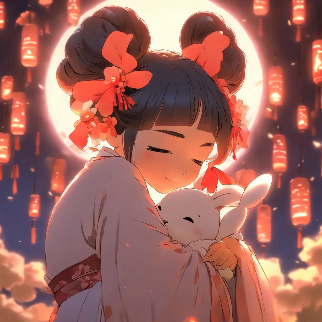 1girll, Moon, hair adornments, fullmoon, cloud, skyporn,Night, robe blanche, Solo, Smile, nigh sky,  flower, Hugging the black rabbit, Hair Flower, flower petals, child, blush, Parted Lip, Black hair, Black rabbit, Cloudy sky, forehead mark, Black eyes, face markings, Upstyle, artist name, Animal hugs, Hanfu, hair-bun, Girl child, Holding, Outdoors, Short hair, sleeves past wrists