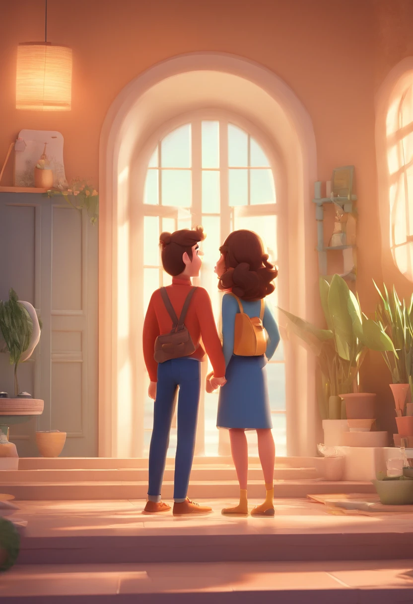 An illustration of an adorable couple, destacando um homem e uma mulher com bonito, Expressive eyes – the man's skin is black and the man's hair is bald and black, while the woman's skin is black and the woman's hair is curly and brown. They are a bright room, cada um com um sorriso no rosto, e compartilhar um momento especial caracterizado pelo amor, arroz, e insights educacionais. Illustrate this scene from a perspective where they are facing away from the camera, Showing Your Connection. Desenvolva esta arte em Full HD, Focus on your cinematic touch, Estilo Disney Pixar Animations