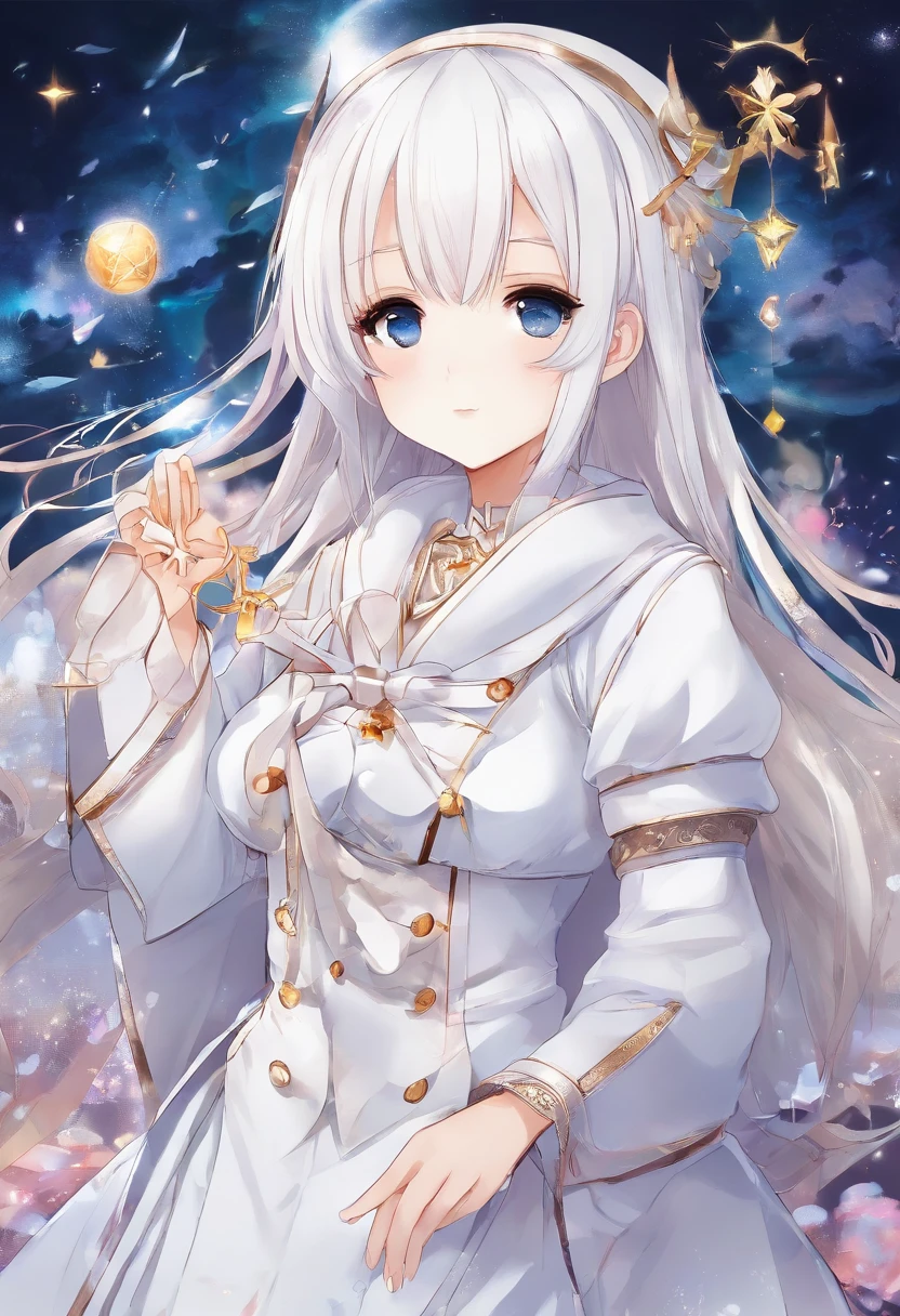 White magician, loli girl,Tsundere,medieval clothing,character design,full bodyesbian,The expression is cold。