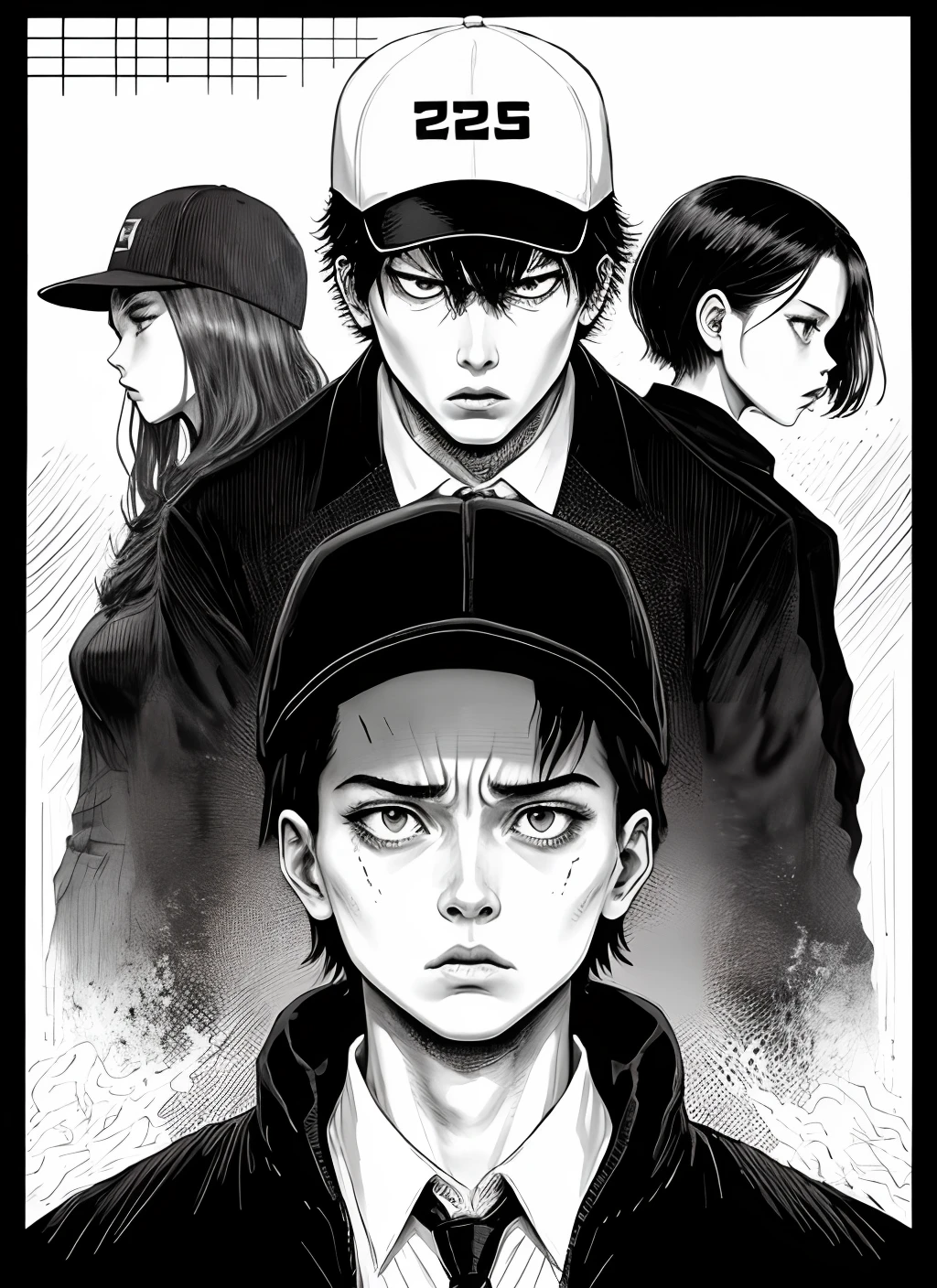 anime style drawing of a man with a baseball cap and tie, horror manga, black and white manga style, junji ito style, mix styles of tsutomu nihei, tsutomu nihei style, black and white manga panel, style of junji ito, junji ito undertones, shinigami, subtle junji ito, chainsaw man manga