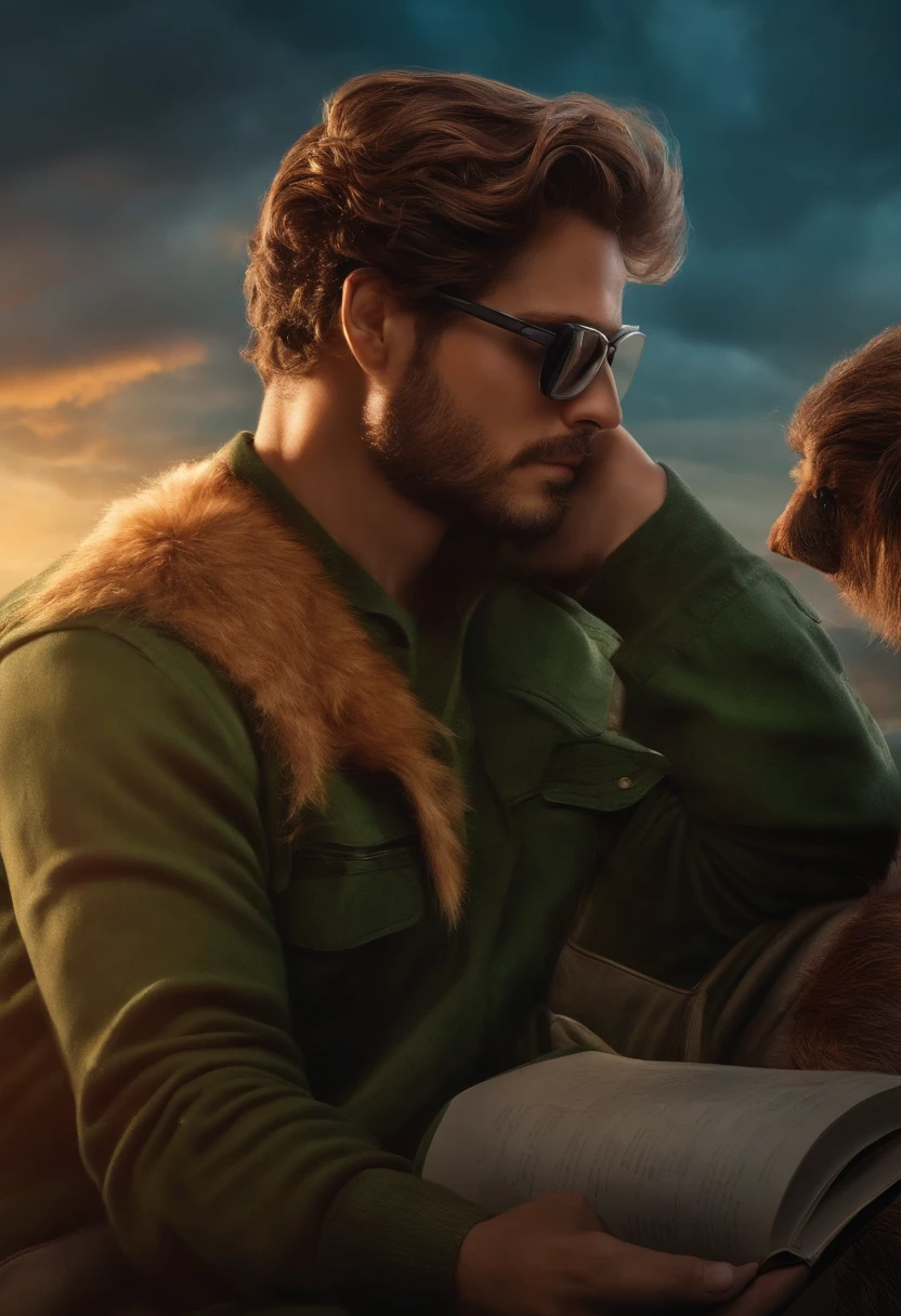 Homem cabelo curto castanho claro, barba curta ruiva, olhos castanhos escuros, todo de preto, wearing square glasses, rosto arredondado, labrador bege magro com sobrancelha preta ao seu lado e um papagaio todo verde no ombro, fundo dark Disney Pixar, capa de cinema, Too many books falling from the sky, raios, Hurricanes and wind in the background
