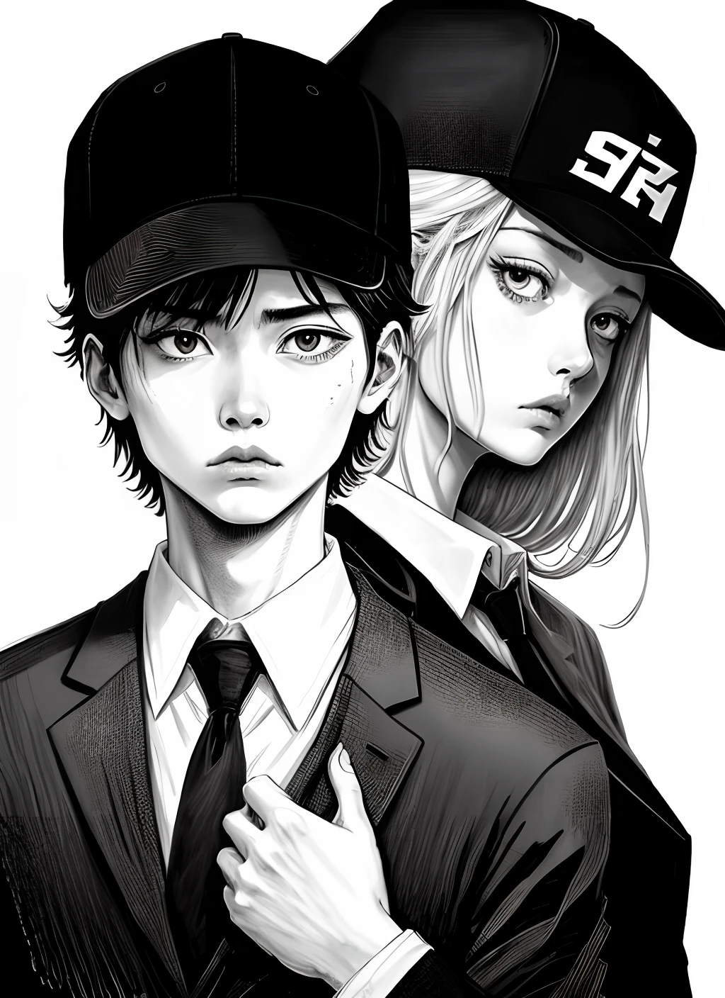 anime style drawing of a man with a baseball cap and tie, horror manga, black and white manga style, junji ito style, mix styles of tsutomu nihei, tsutomu nihei style, black and white manga panel, style of junji ito, junji ito undertones, shinigami, subtle junji ito, chainsaw man manga